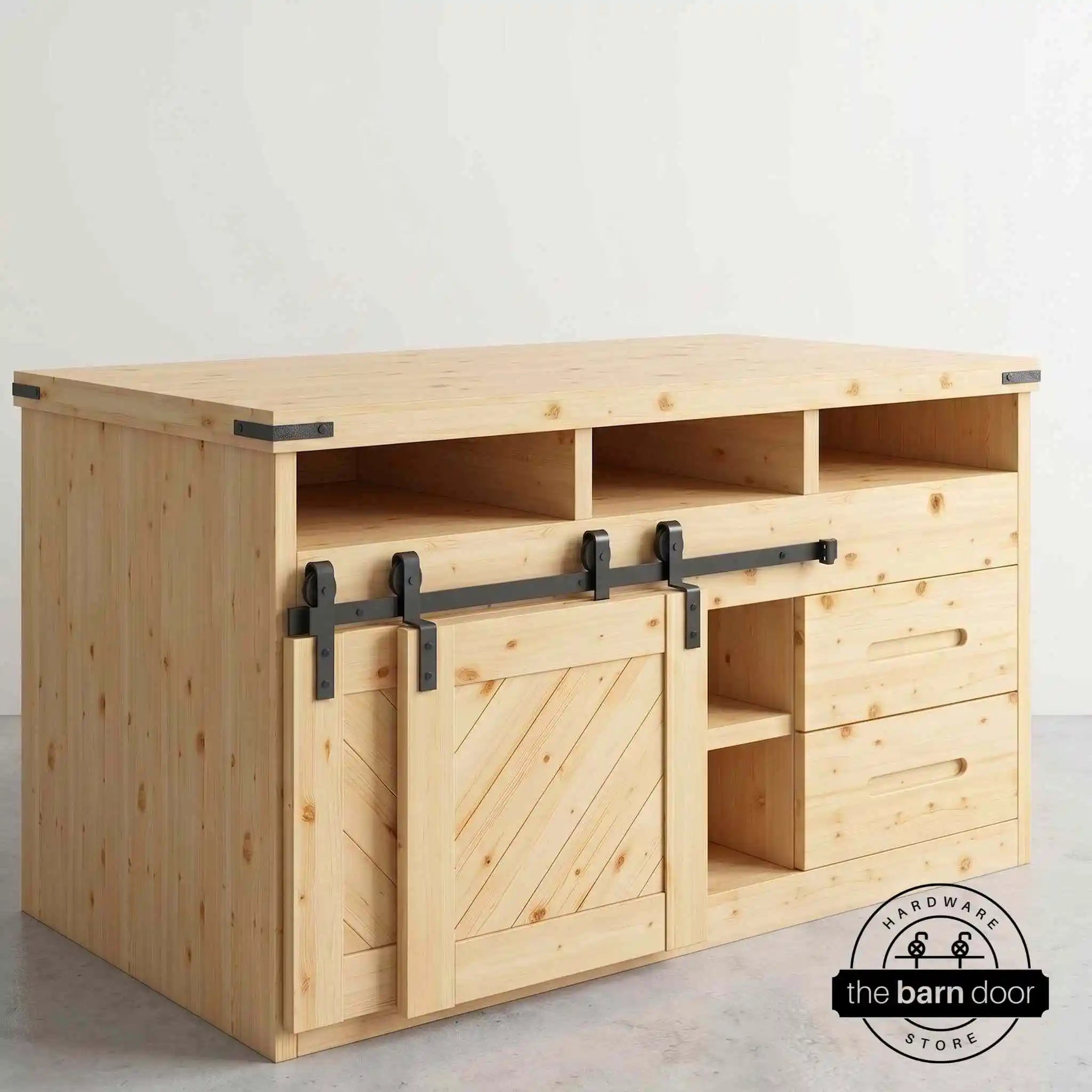 Matte black J-Strap mini bypass cabinet barn door hardware kit on a single track, shown on a small two-door wooden cabinet.