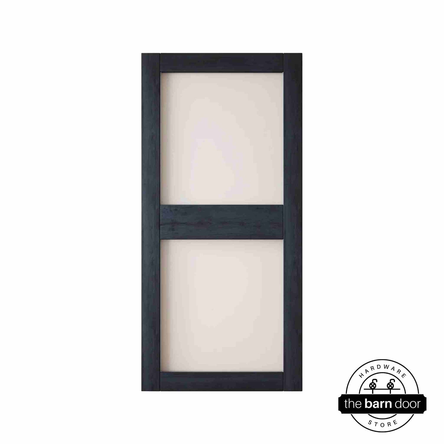 Navy barn door with glass on a white background