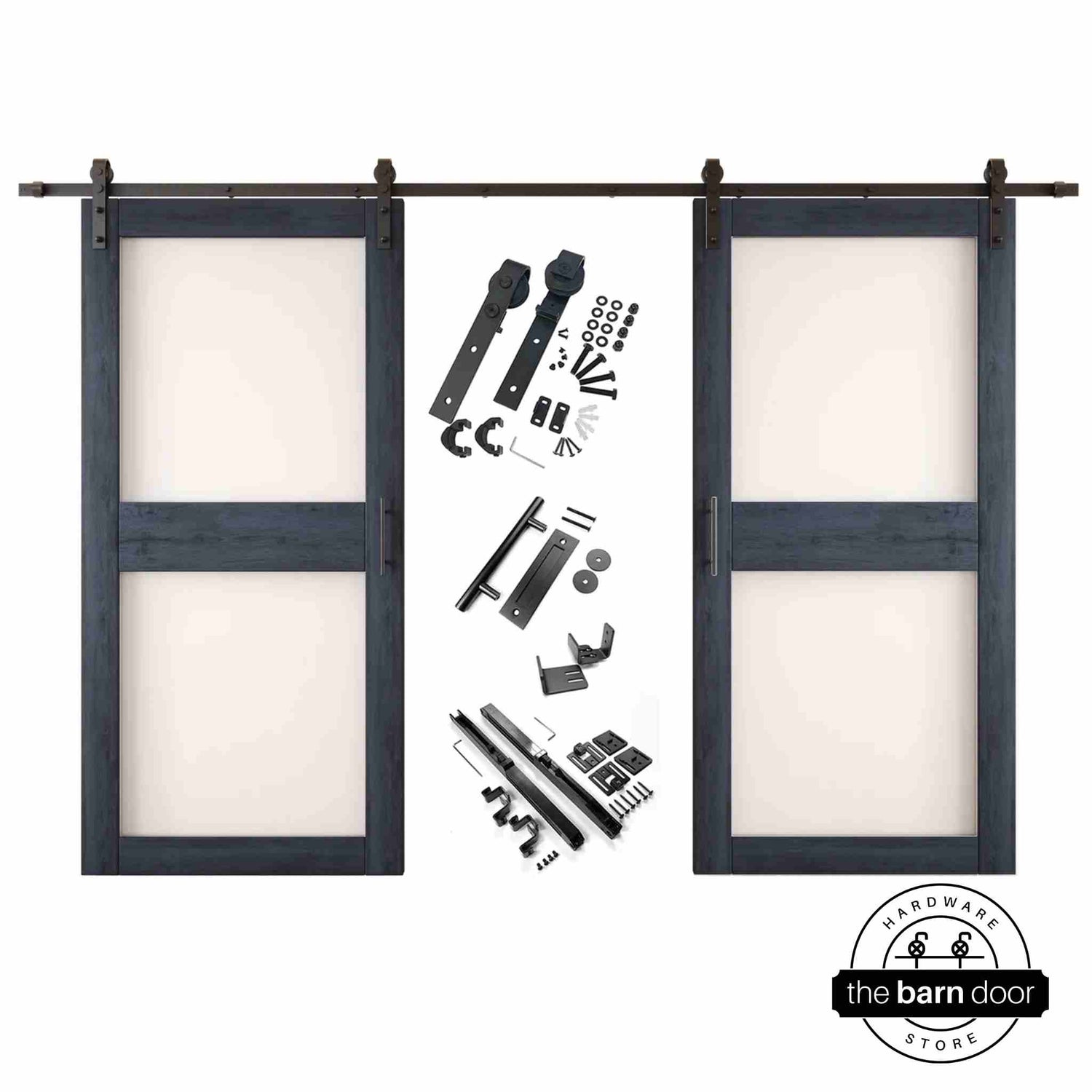 Navy barn door hardware set with two wooden sliding glass panel doors on a white background