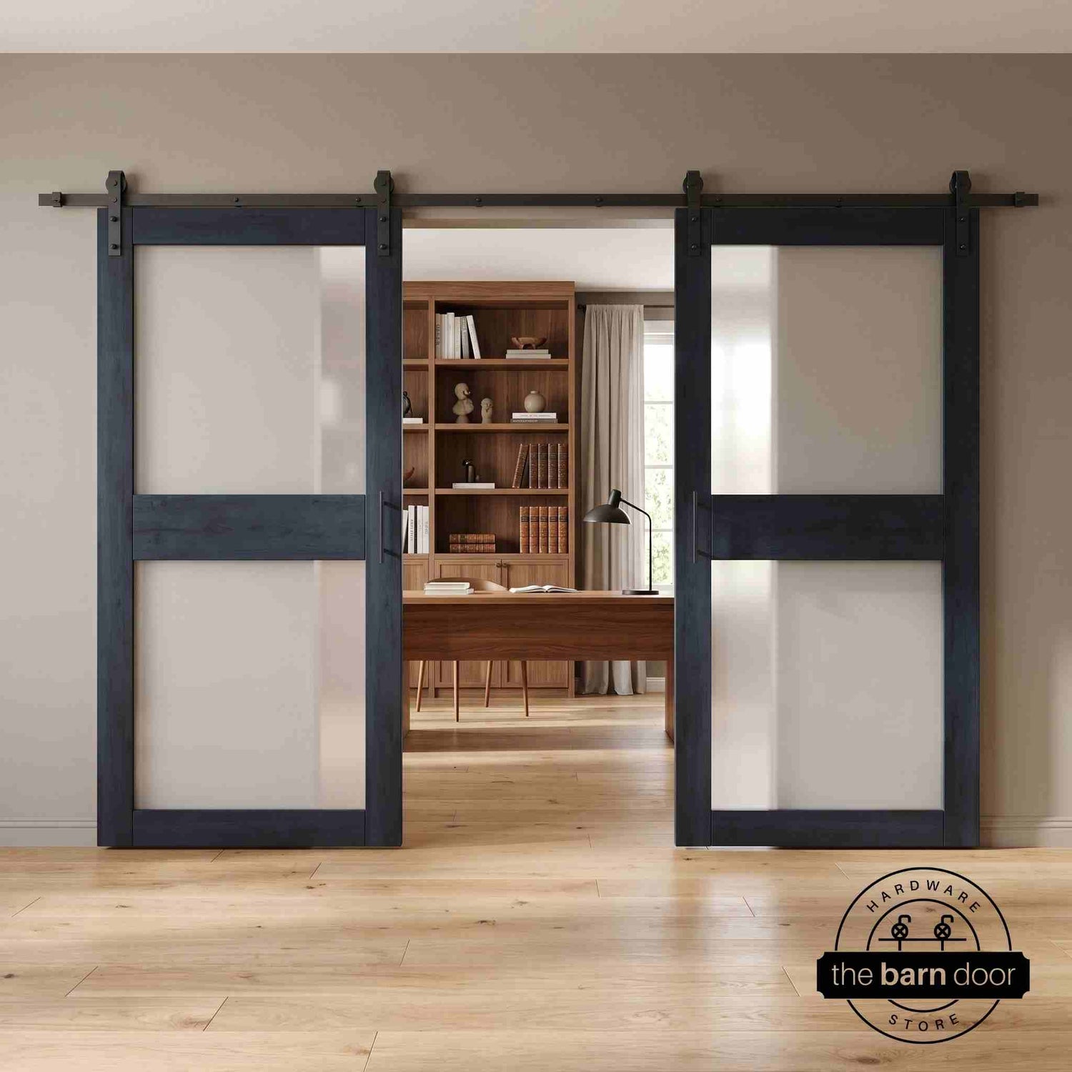 Navy wooden sliding glass panel barn doors with black hardware in a modern interior setting.