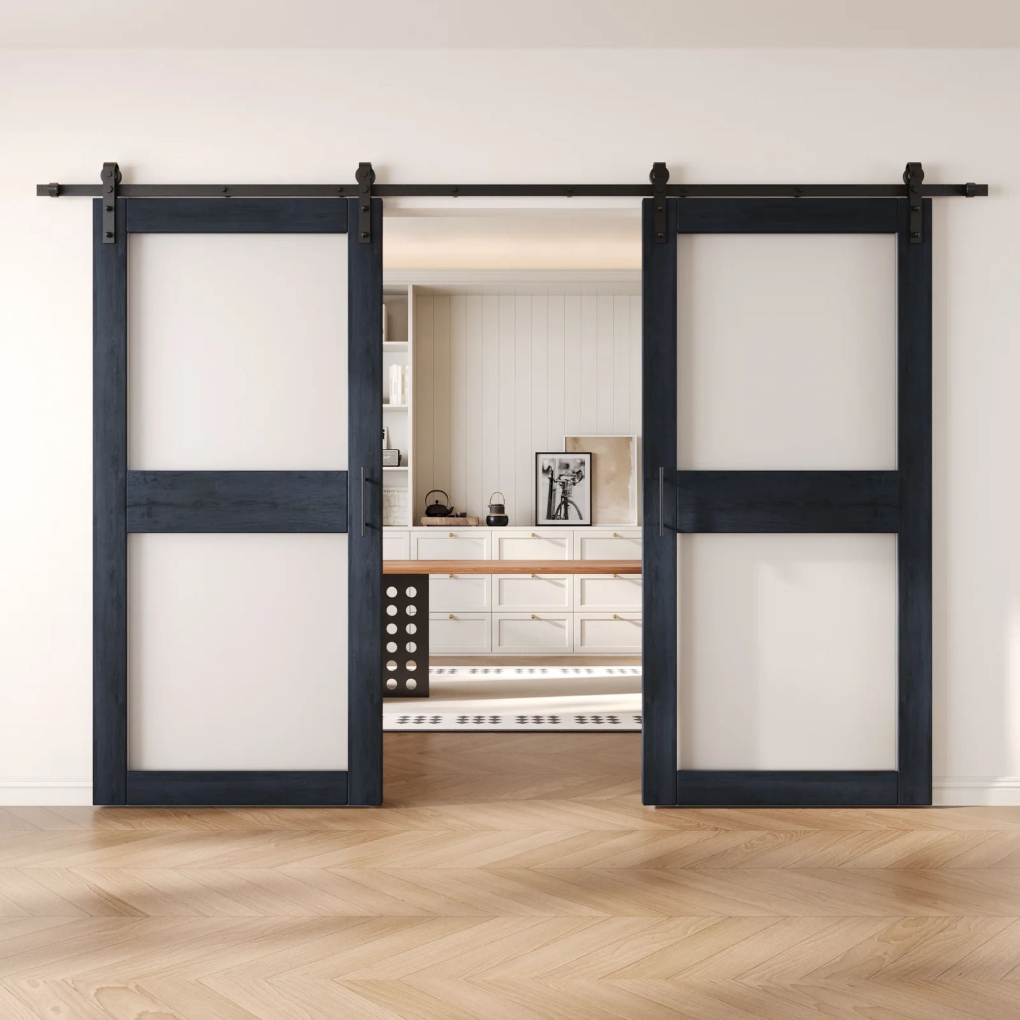Navy wooden sliding glass panel barn doors with black hardware in a modern interior setting.