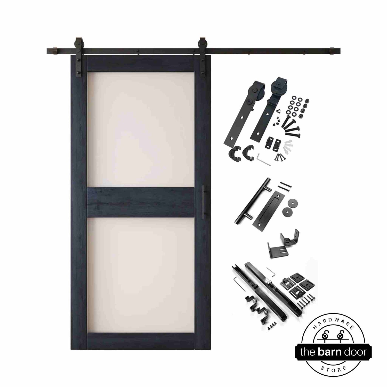 Navy 2-panel barn door kit with wooden door and hardware components on a white background