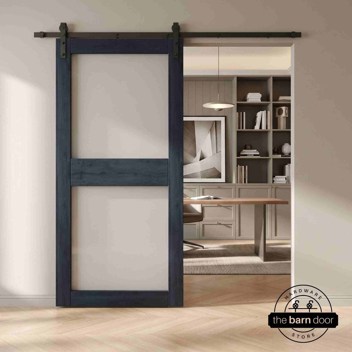 Barn door with black frame and glass in a modern interior setting