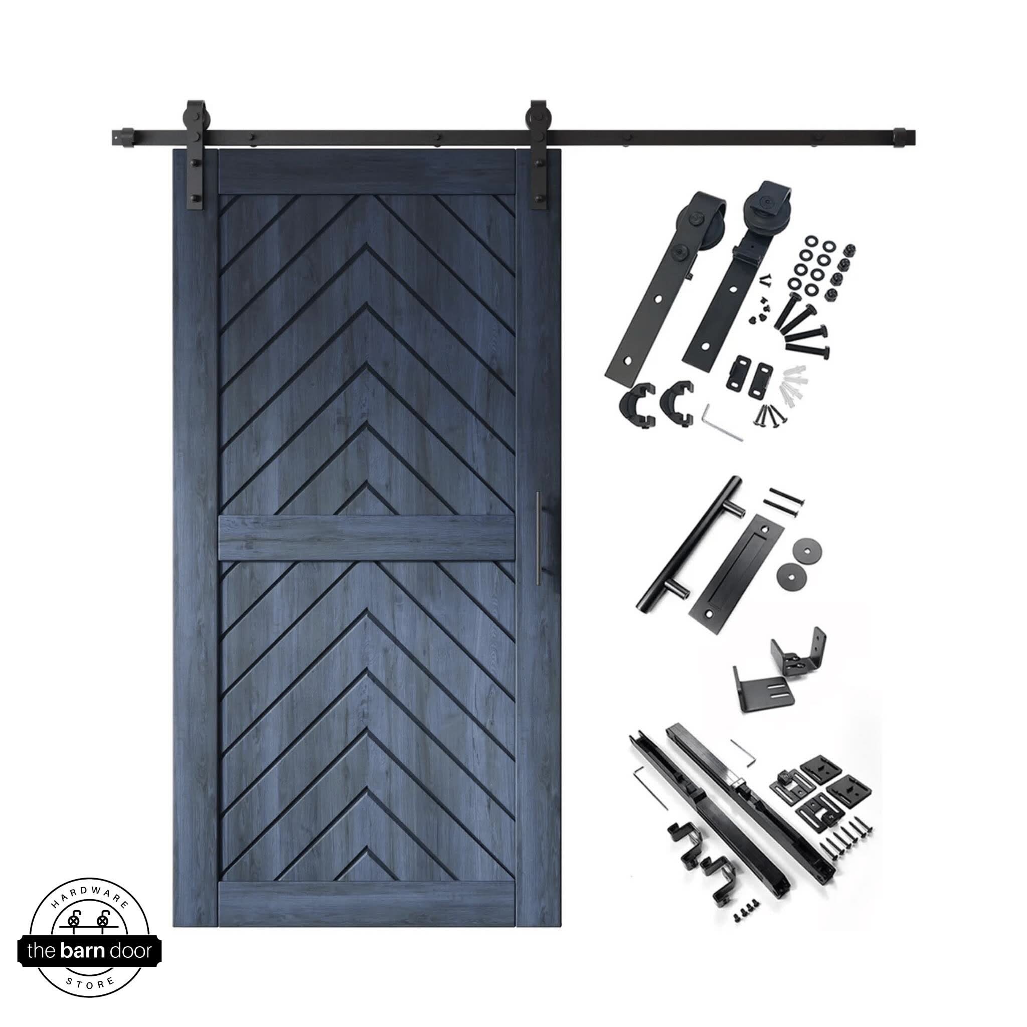 Navy fishbone barn door with hardware kit on a white background