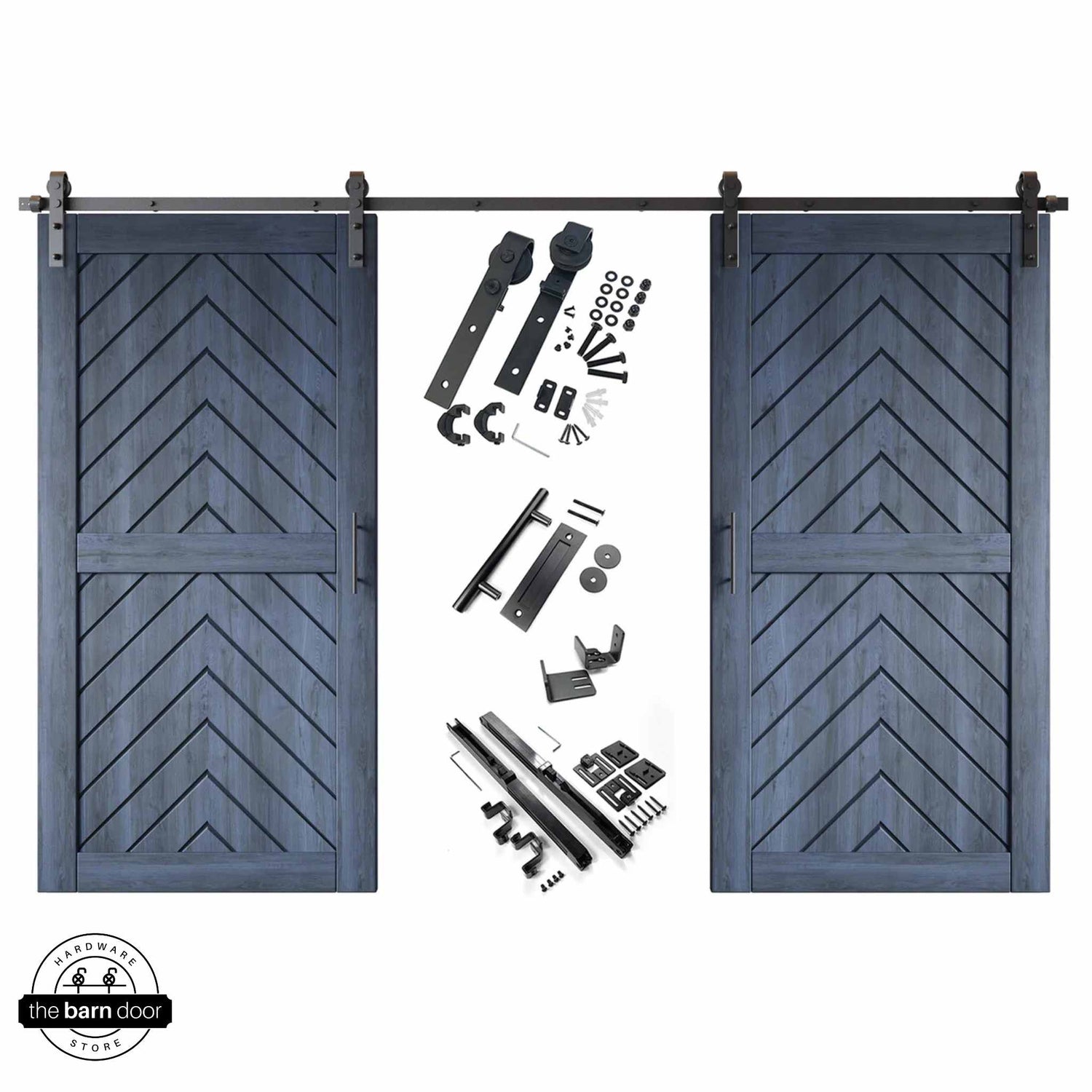 Navy fishbone barn door kit with two wooden doors and hardware on a white background