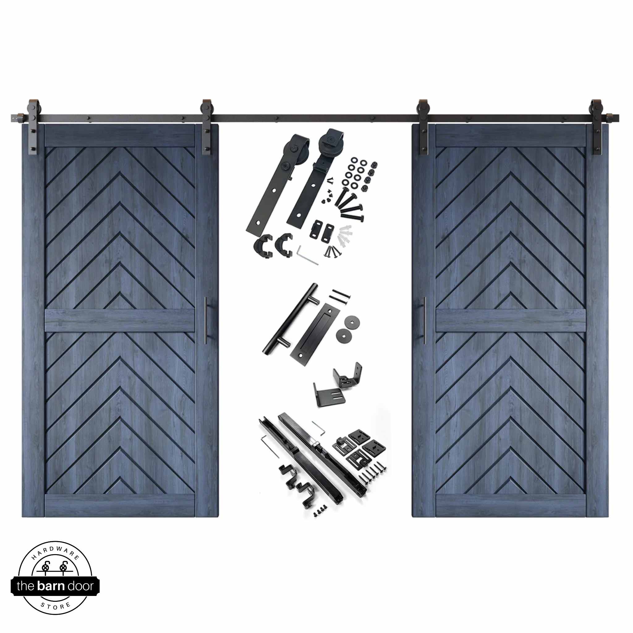 Navy fishbone barn door kit with two wooden doors and hardware on a white background