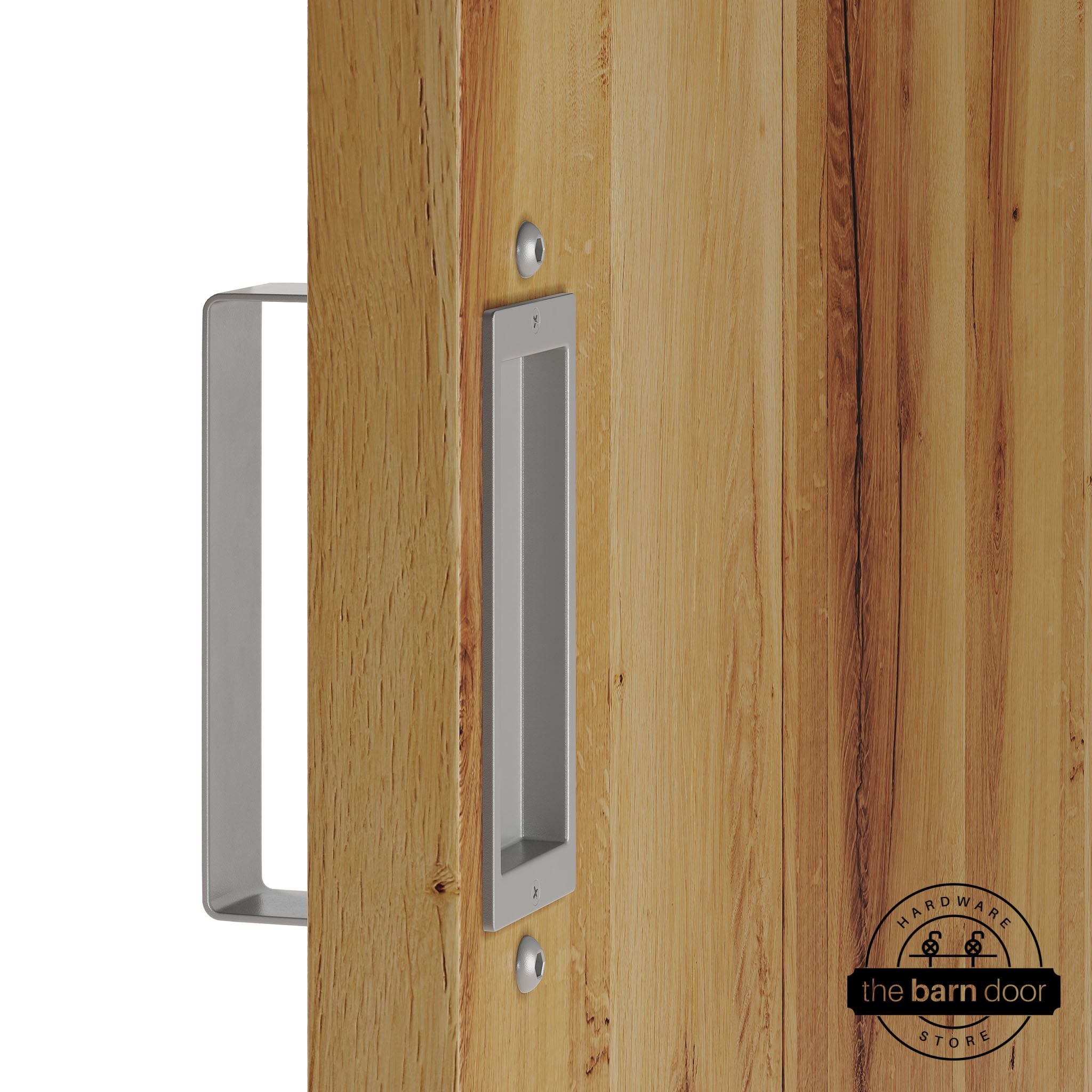 PC Chrome barn door pull handle set installed on a natural wood sliding door, featuring a rectangular U-shaped pull handle on the front face and a flush recessed pull plate on the reverse side, shown in a PC Chrome finish.