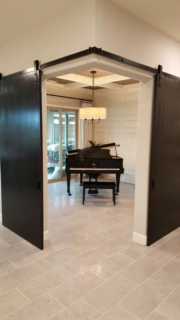 Black Barn Door Hardware in Piano Room