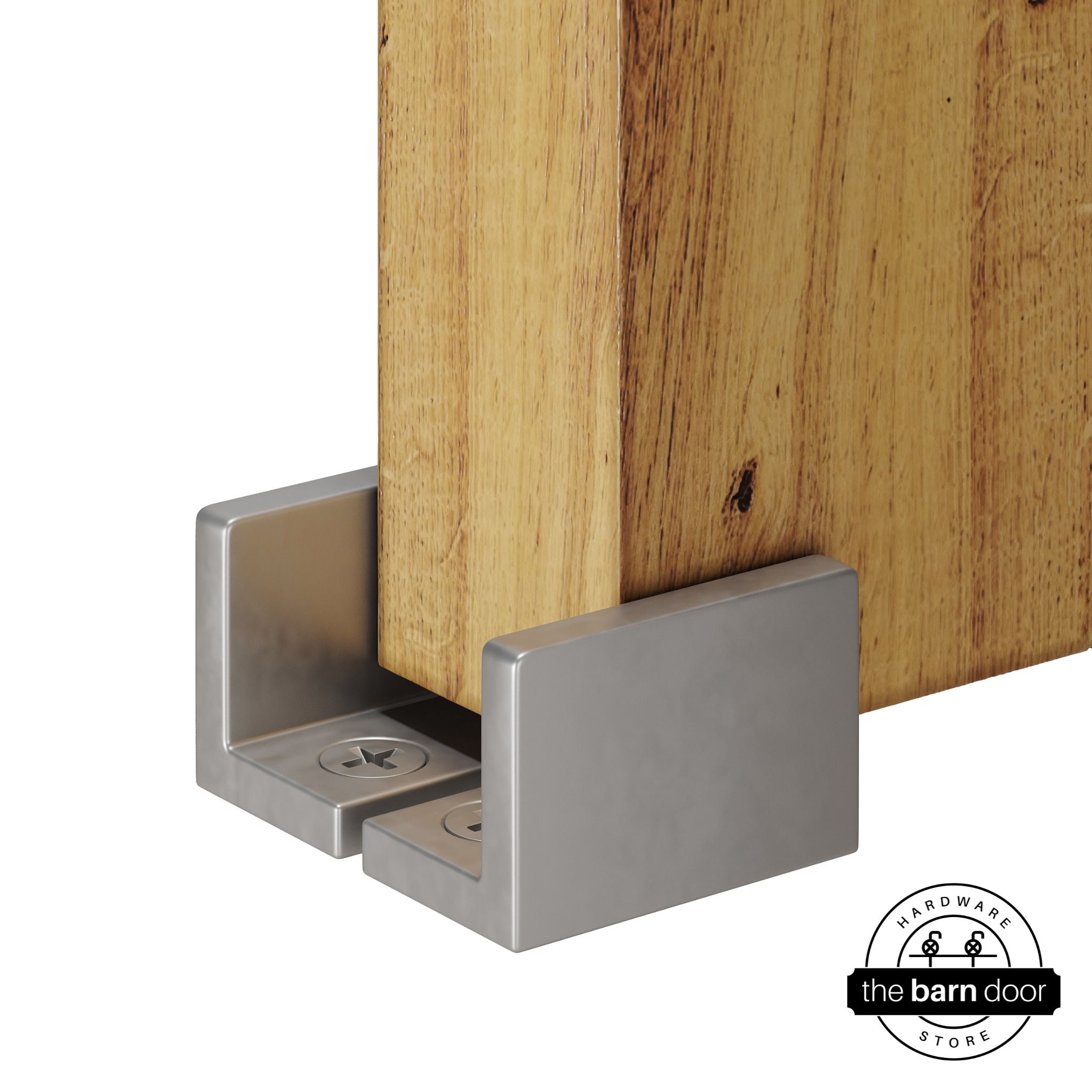 Raw steel barn door hardware adjustable u floor guide on a wooden door
