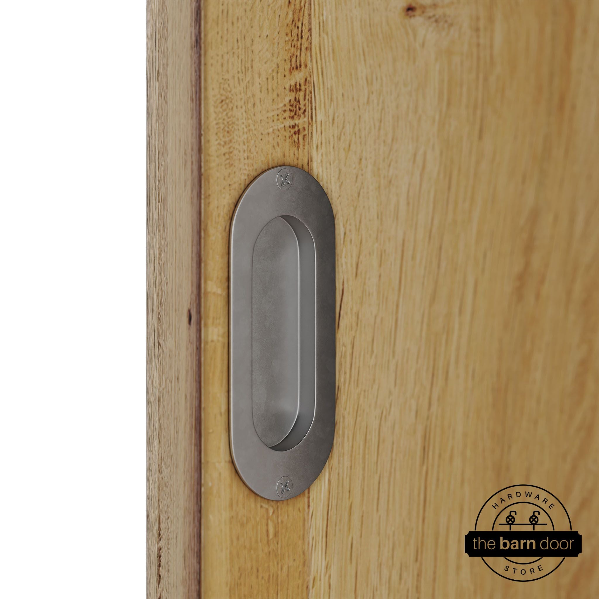 Wooden door with a raw steel flush pull handle.