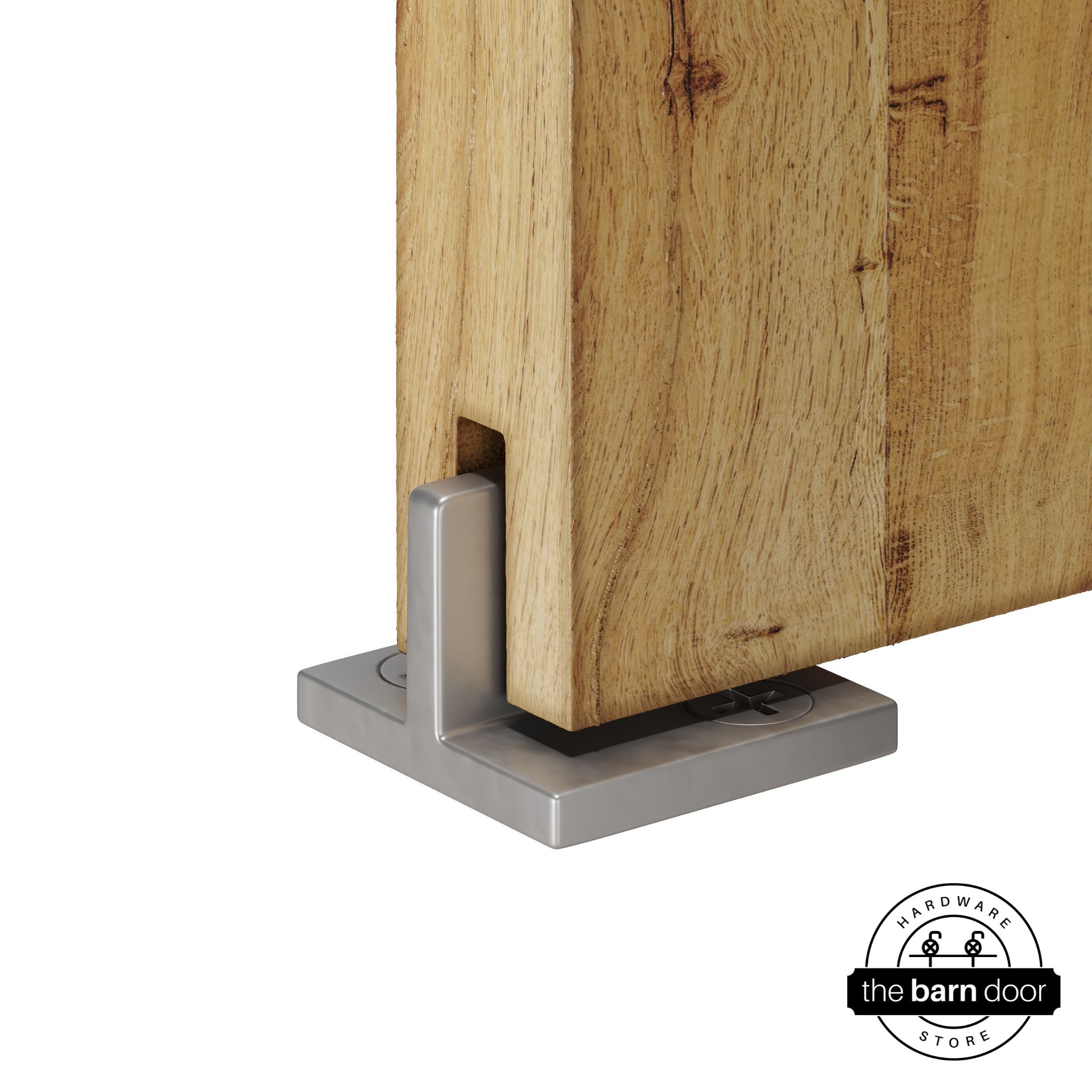 Raw steel Goldberg Brothers T-Guide attached to a wooden barn door 