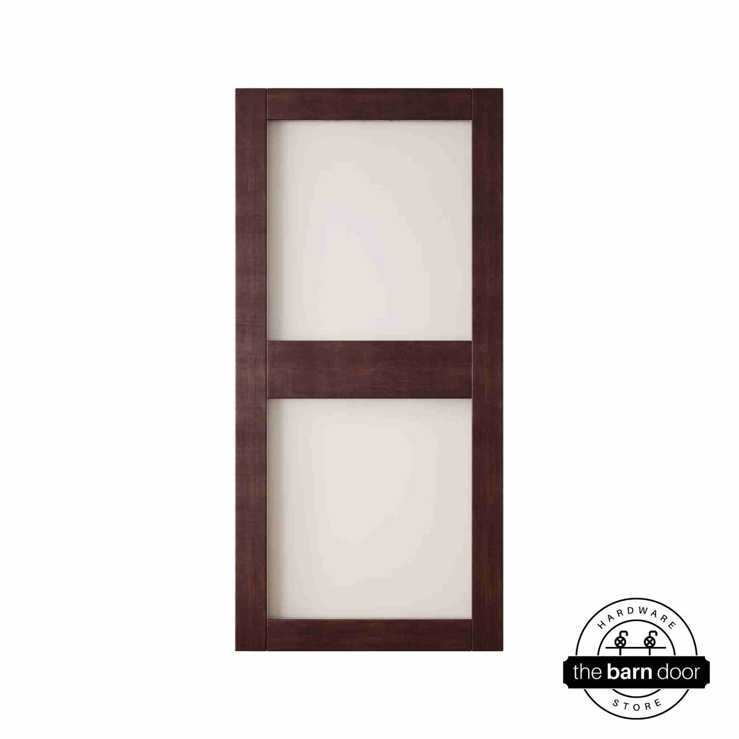Wooden barn door with glass panel on a white background