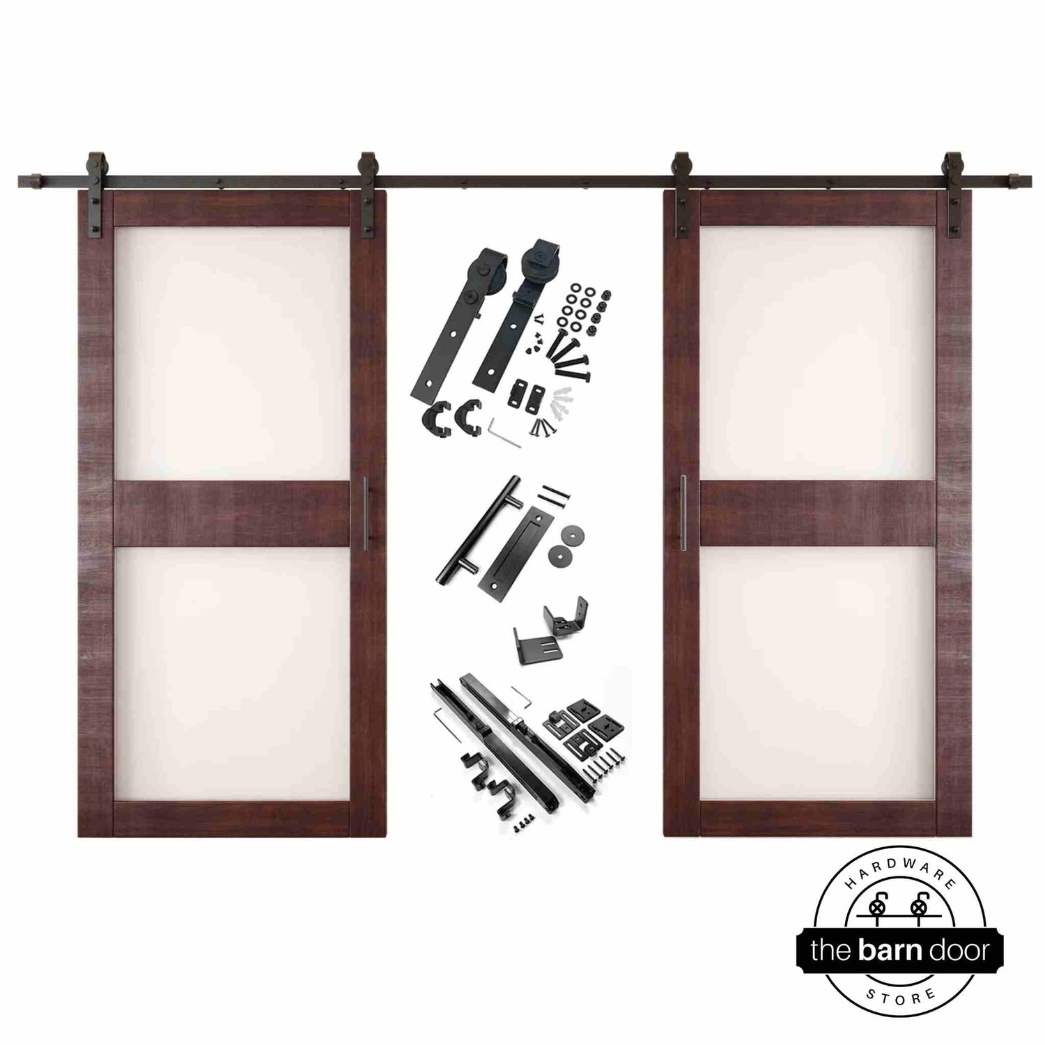 Red mahogany barn door hardware set with two wooden sliding glass panel doors on a white background