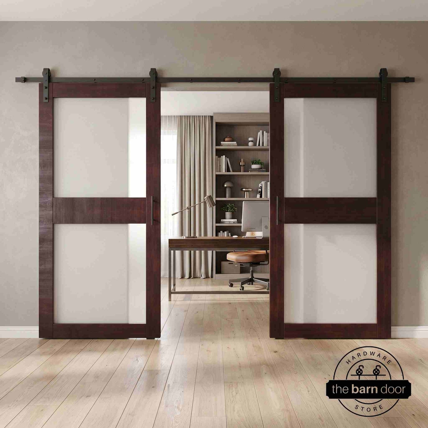 Red mahogany wooden sliding glass panel barn doors with black hardware in a modern interior setting.