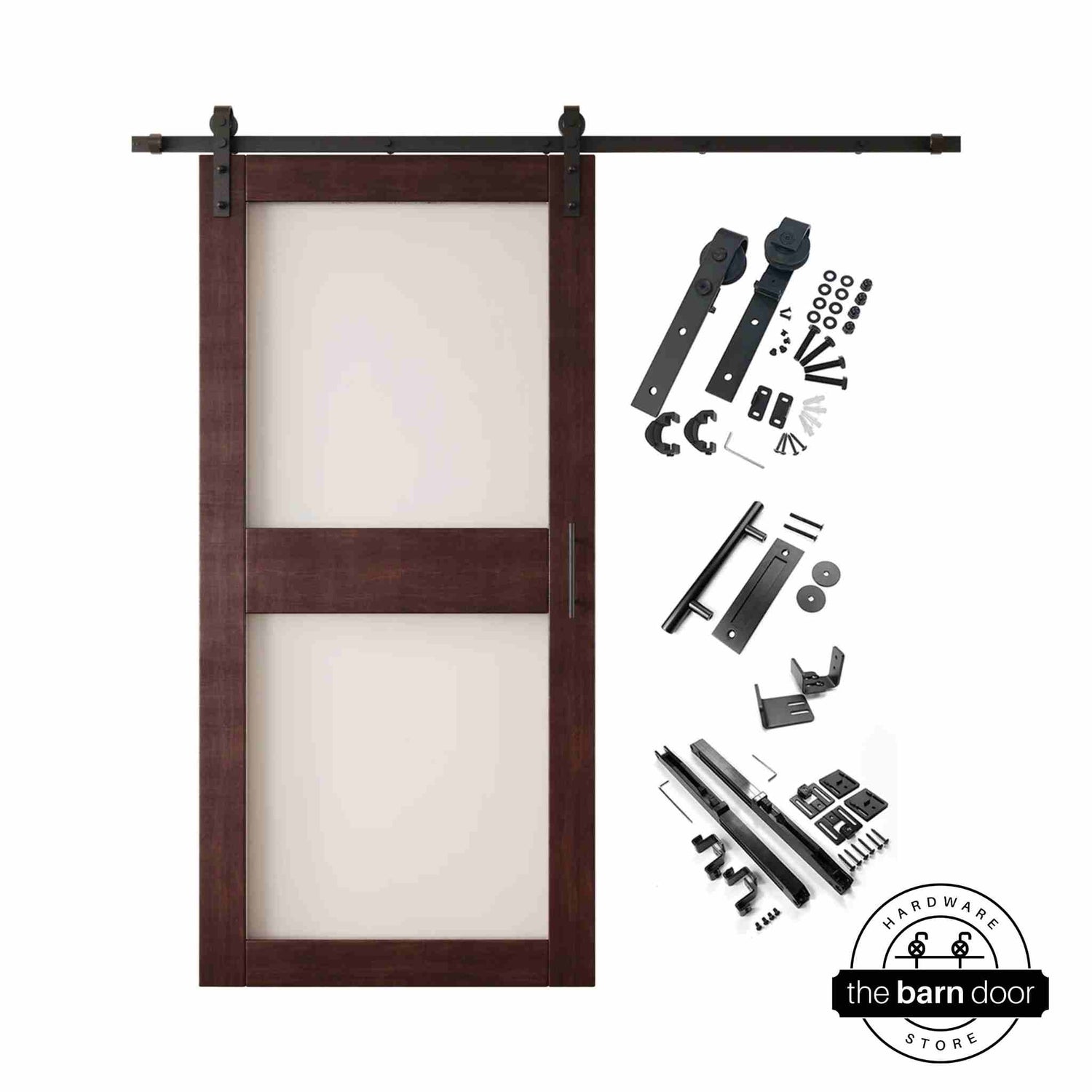 Red mahogany 2-panel barn door kit with wooden door and hardware components on a white background