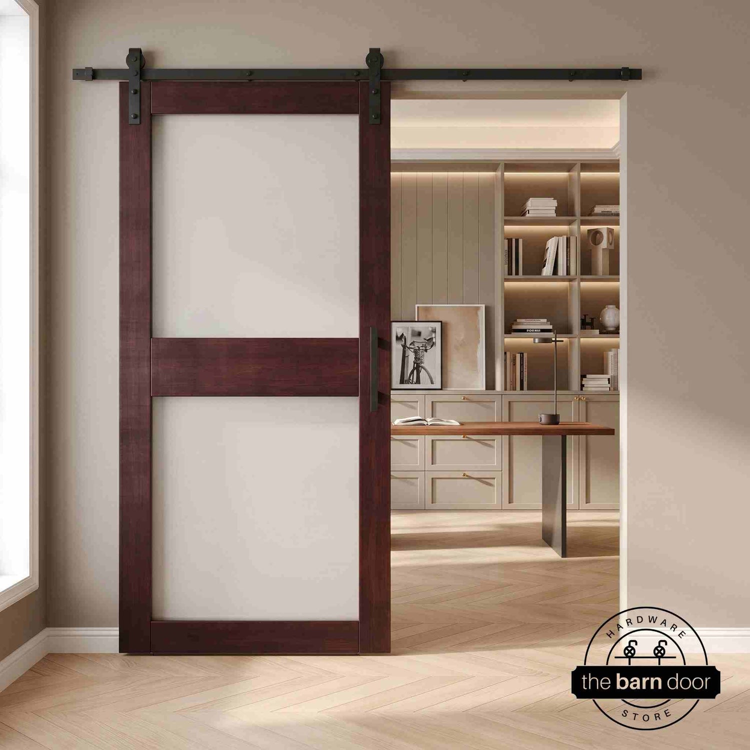 Wooden sliding barn door with glass in a modern interior setting
