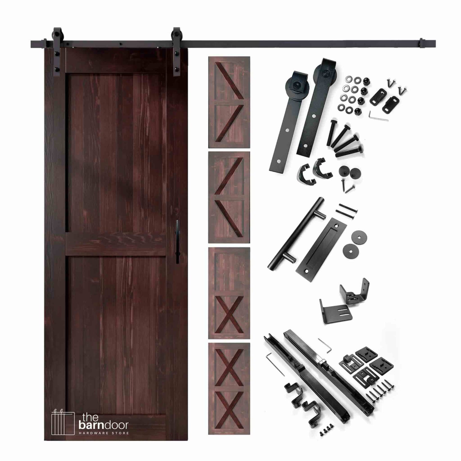 Classic single track barn door kit contents showing a red mahogany pine K-brace barn door with black steel sliding hardware, including rollers, track, wall brackets, door pull handle, floor guide, and anti-jump hardware, with door style variation thumbnails displayed alongside.