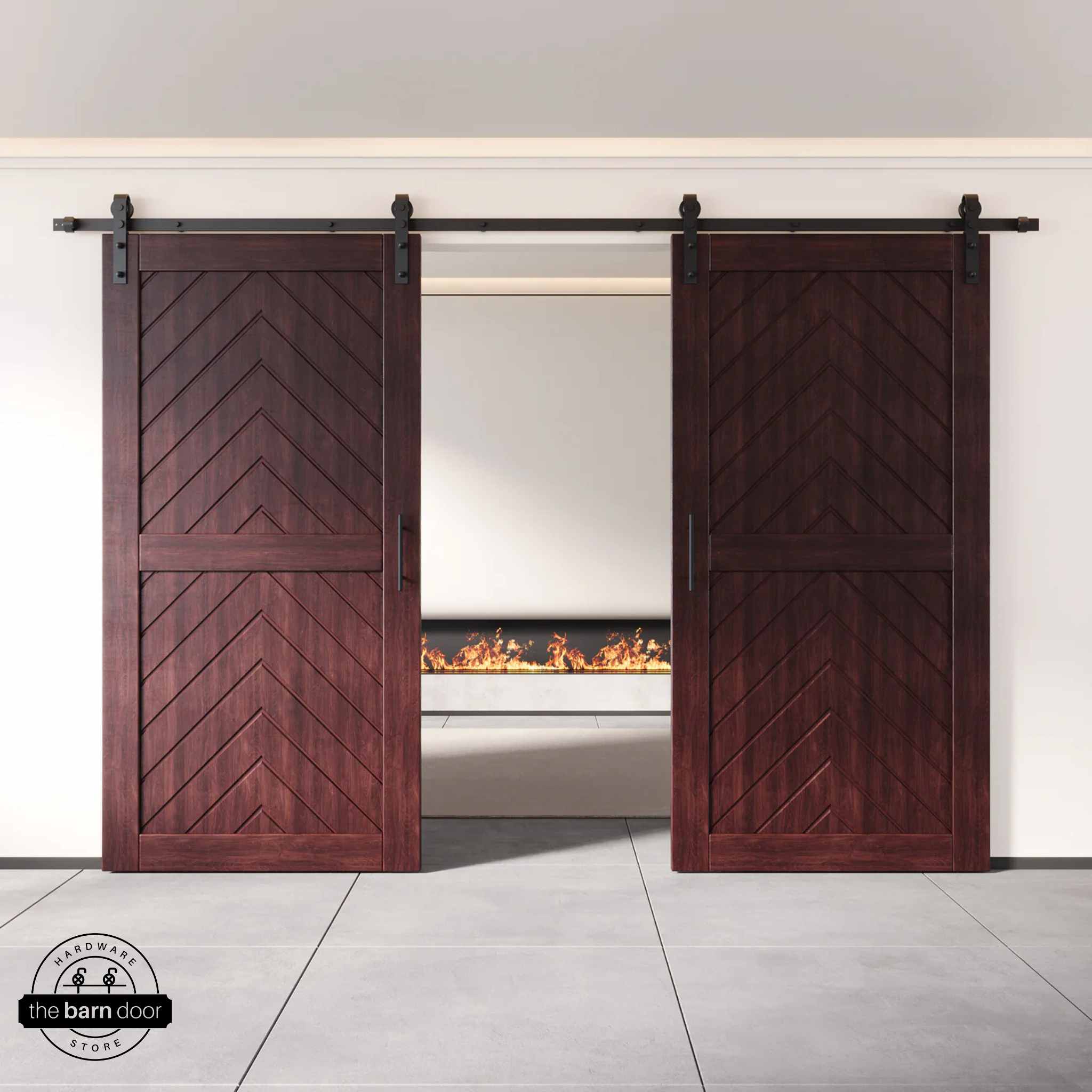 Red Mahogany wooden barn doors with a chevron pattern on a white wall background