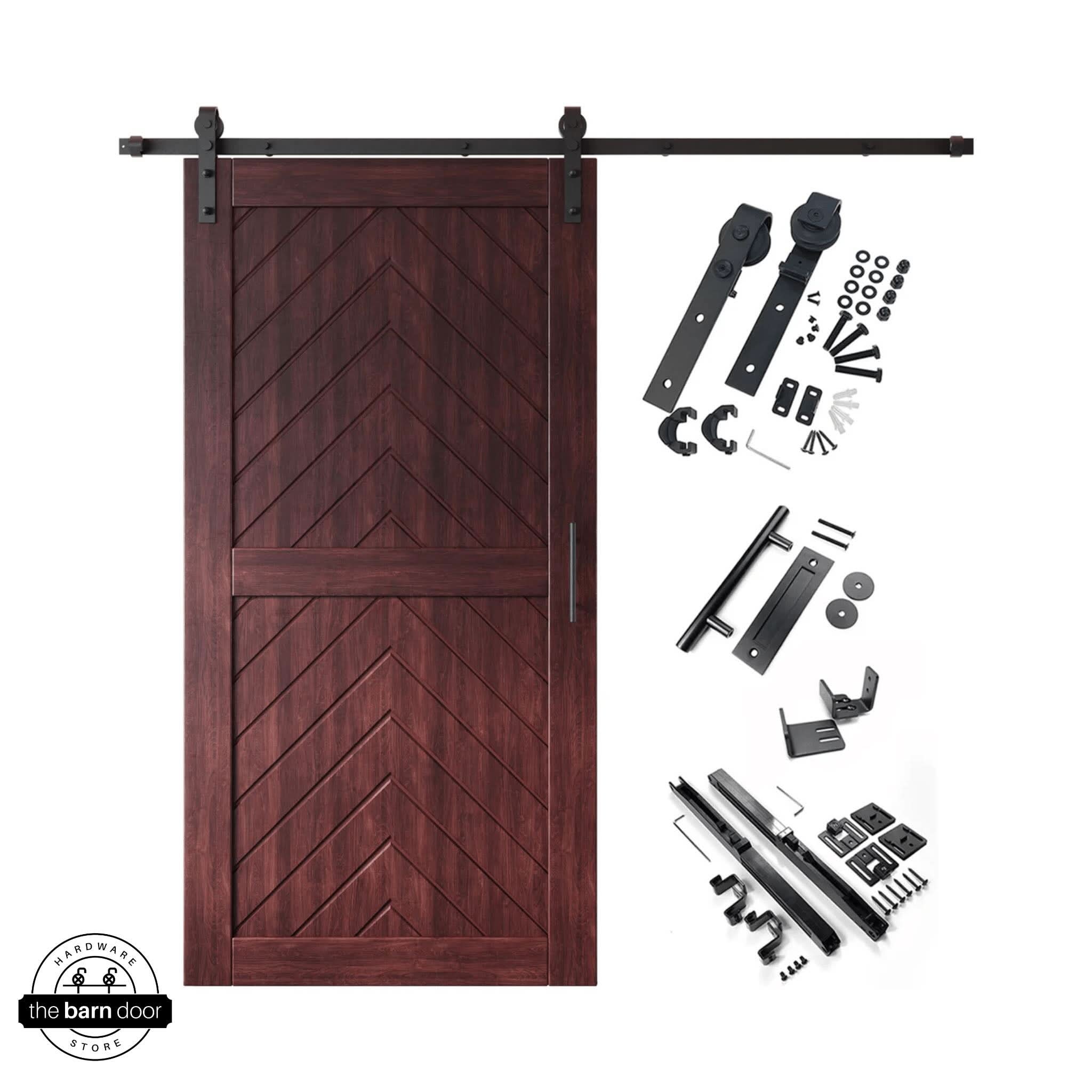 Red Mahogany fishbone barn door with hardware kit on a white background