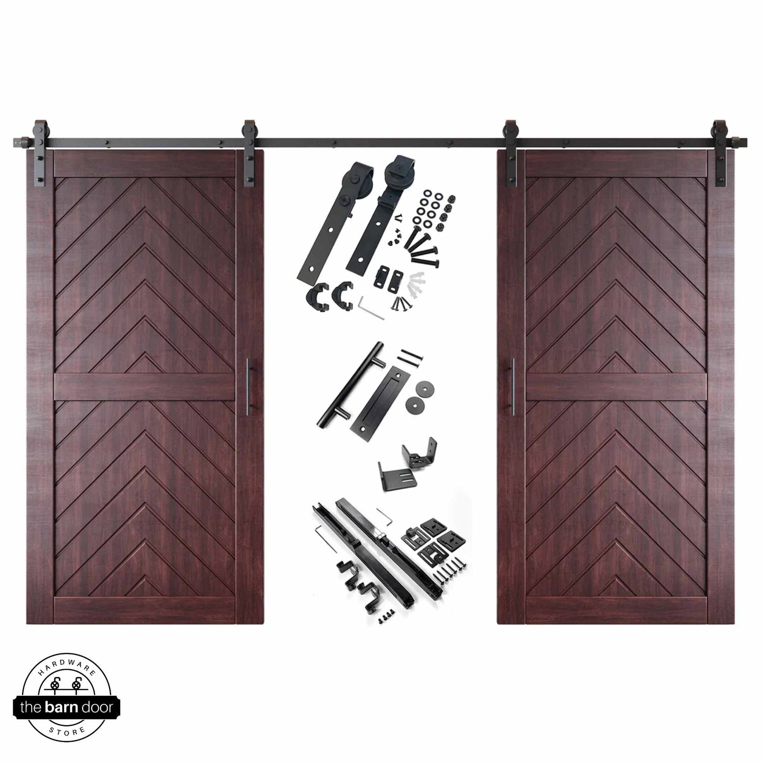 Red Mahogany fishbone barn door kit with two wooden doors and hardware on a white background