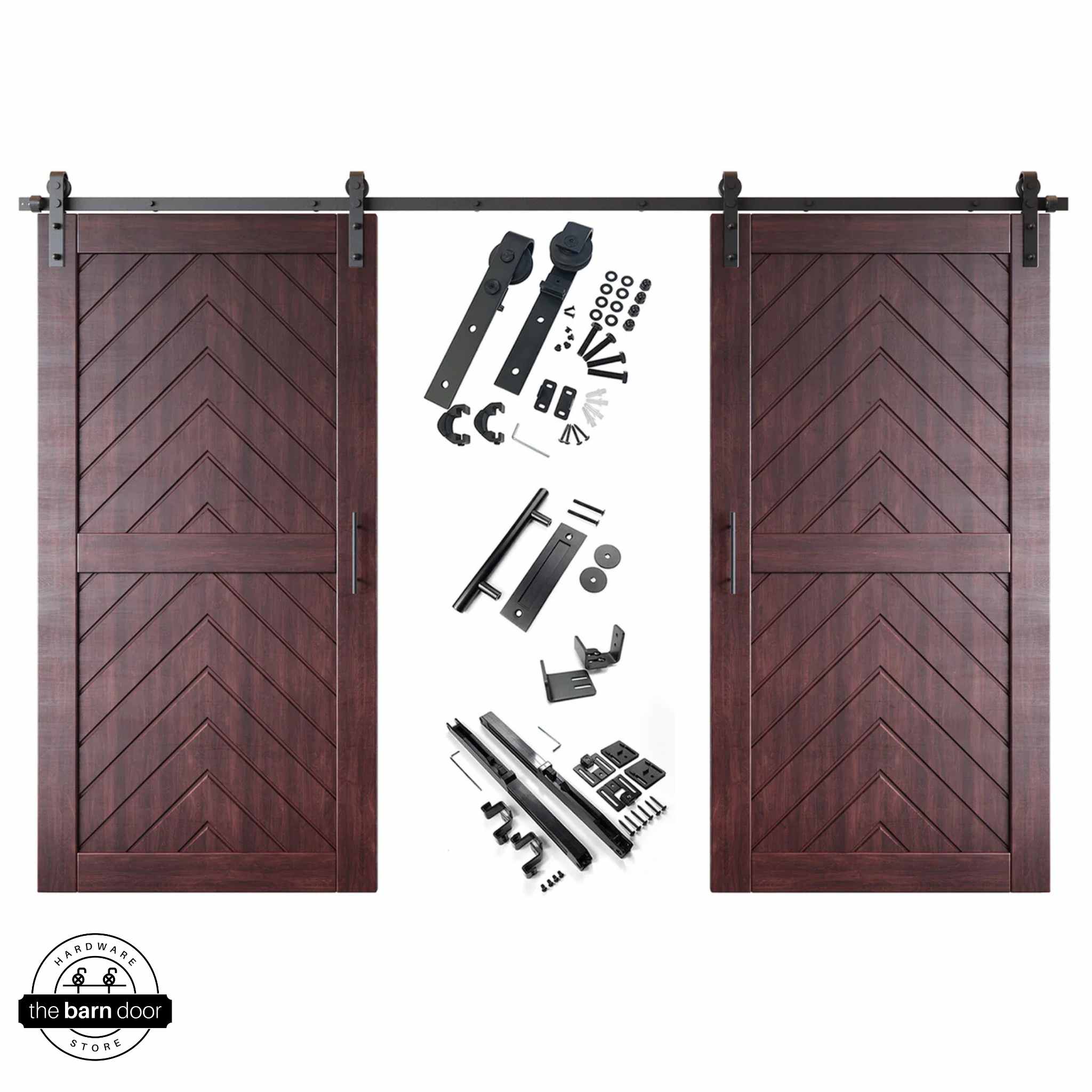 Red Mahogany fishbone barn door kit with two wooden doors and hardware on a white background