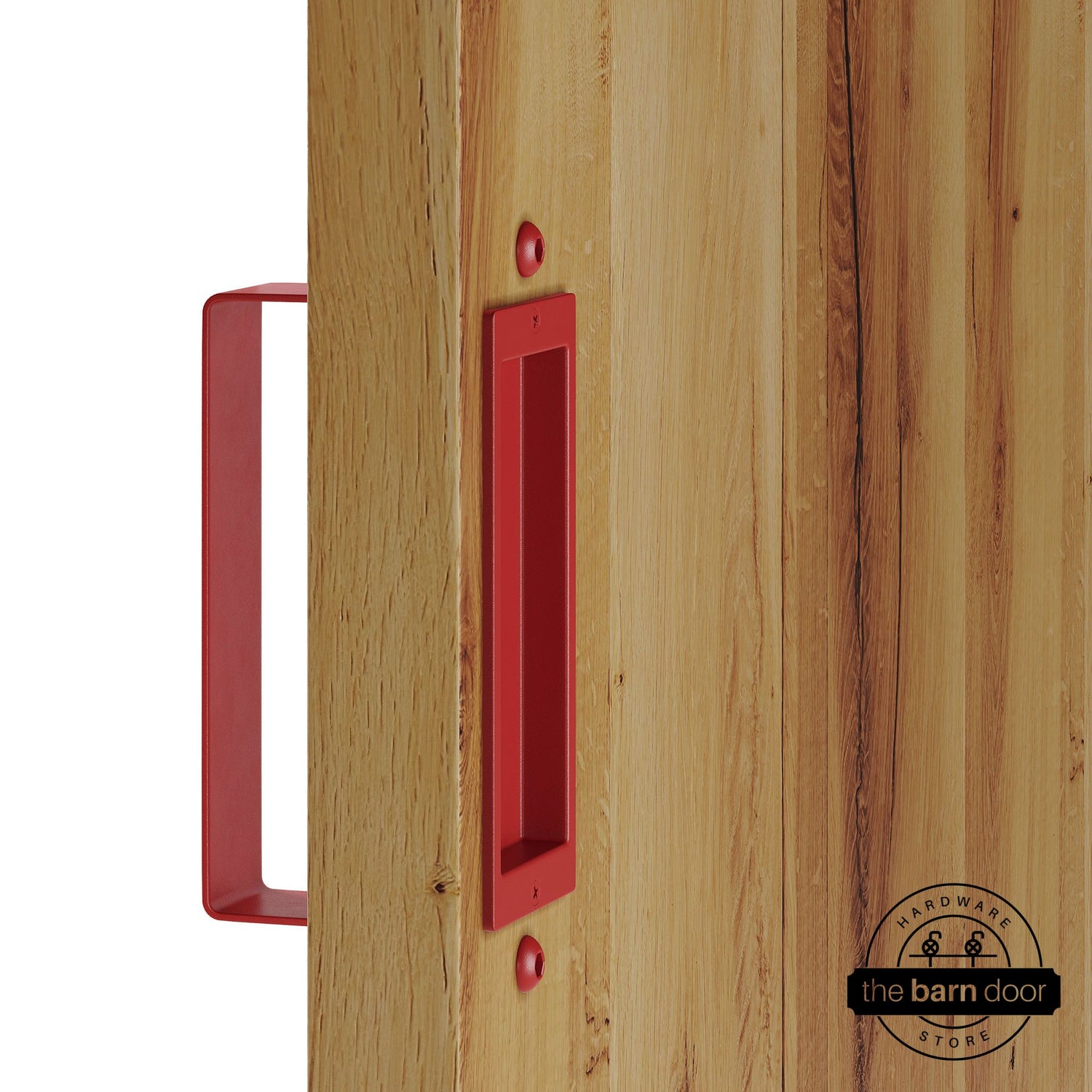 Red barn door pull handle set installed on a natural wood sliding door, featuring a rectangular U-shaped pull handle on the front face and a flush recessed pull plate on the reverse side, shown in a red finish.