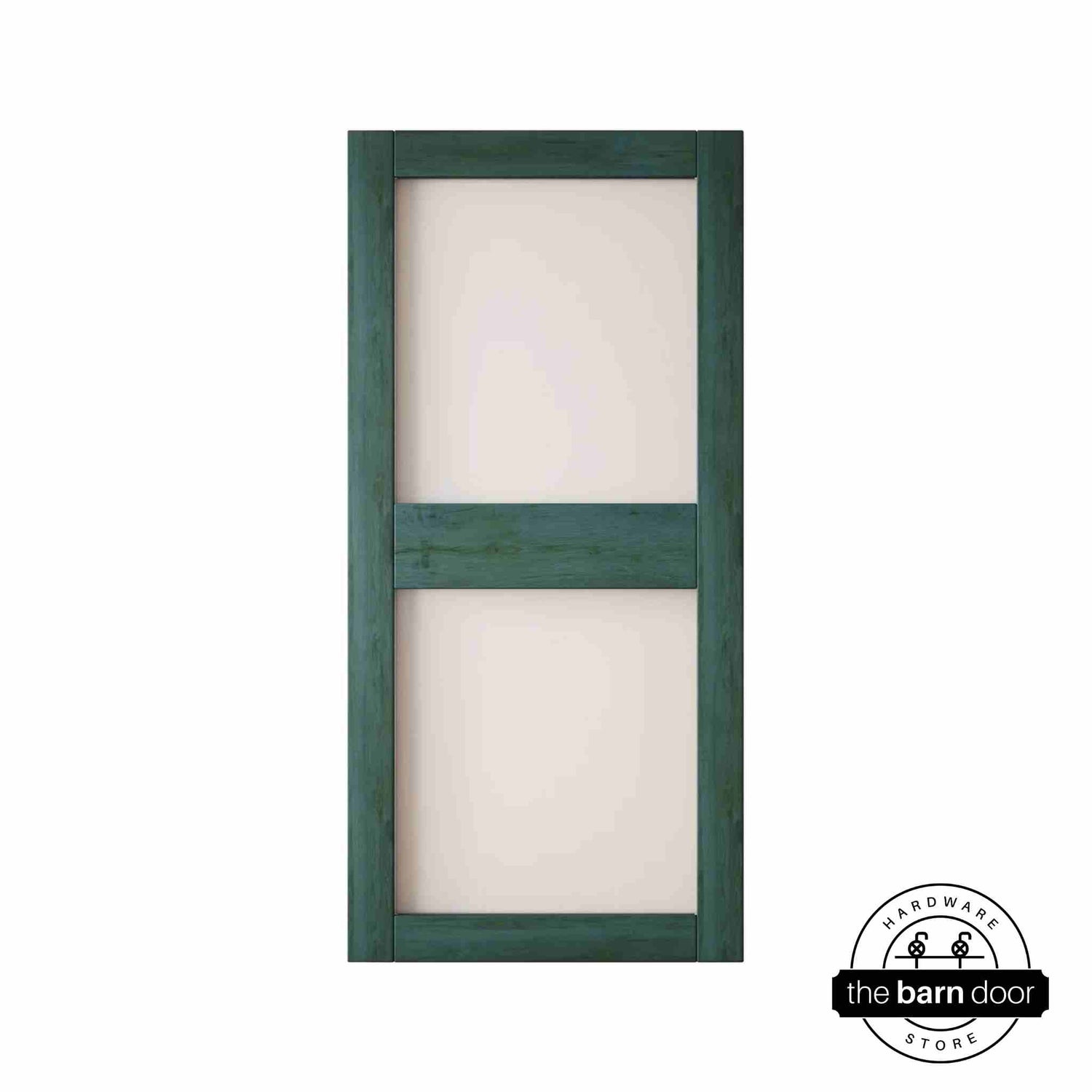 Wooden barn door with green finish and glass on a white background