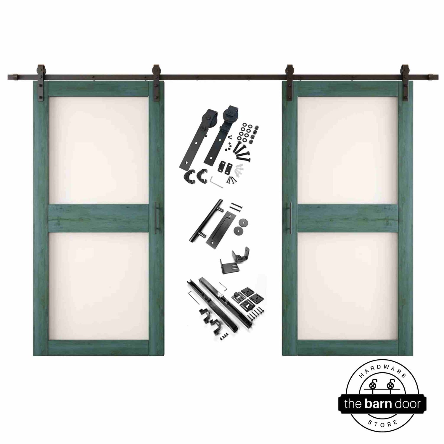 Royal pine barn door hardware set with two wooden sliding glass panel doors on a white background