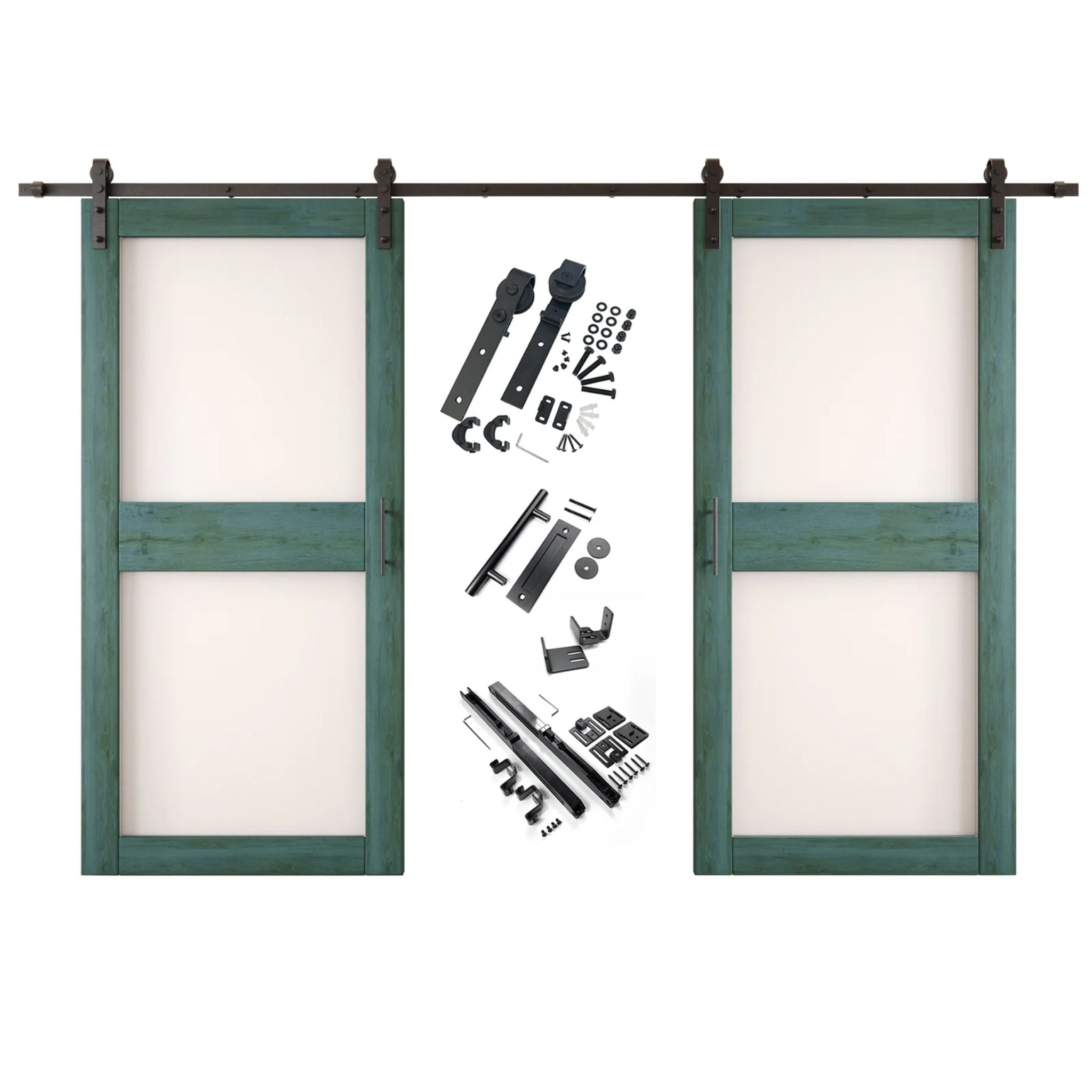 Royal pine barn door hardware set with two wooden sliding glass panel doors on a white background