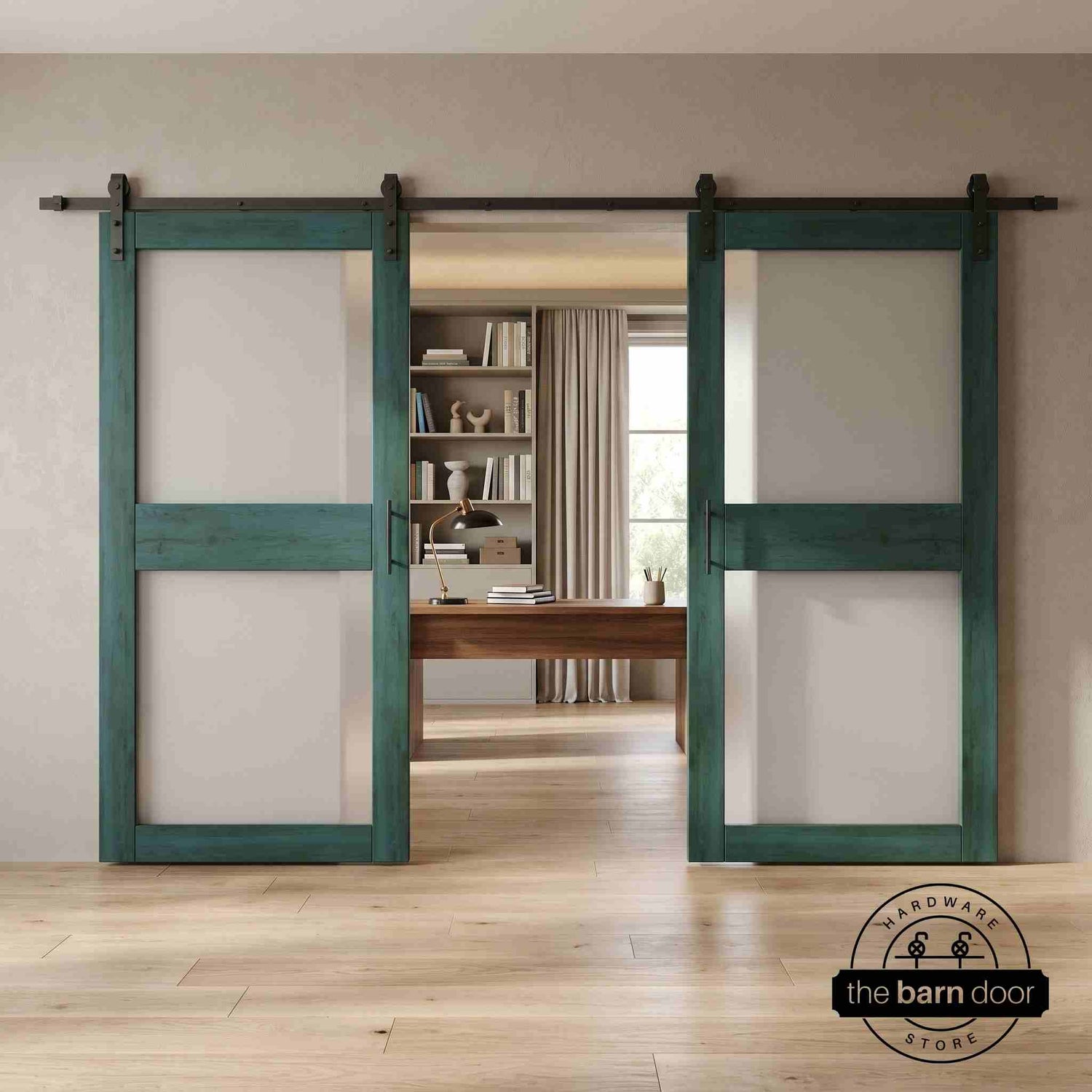 Royal pine wooden sliding glass panel barn doors with black hardware in a modern interior setting.
