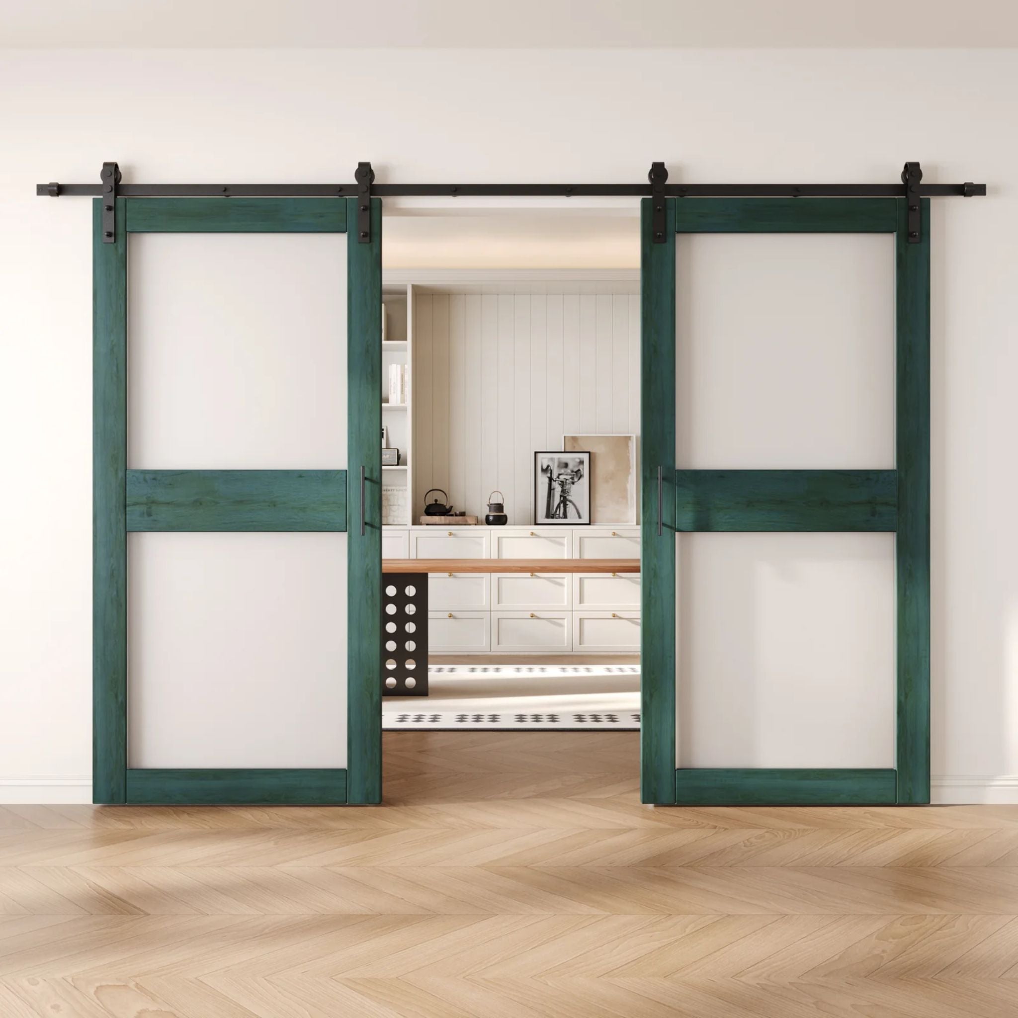 Royal pine wooden sliding glass panel barn doors with black hardware in a modern interior setting.