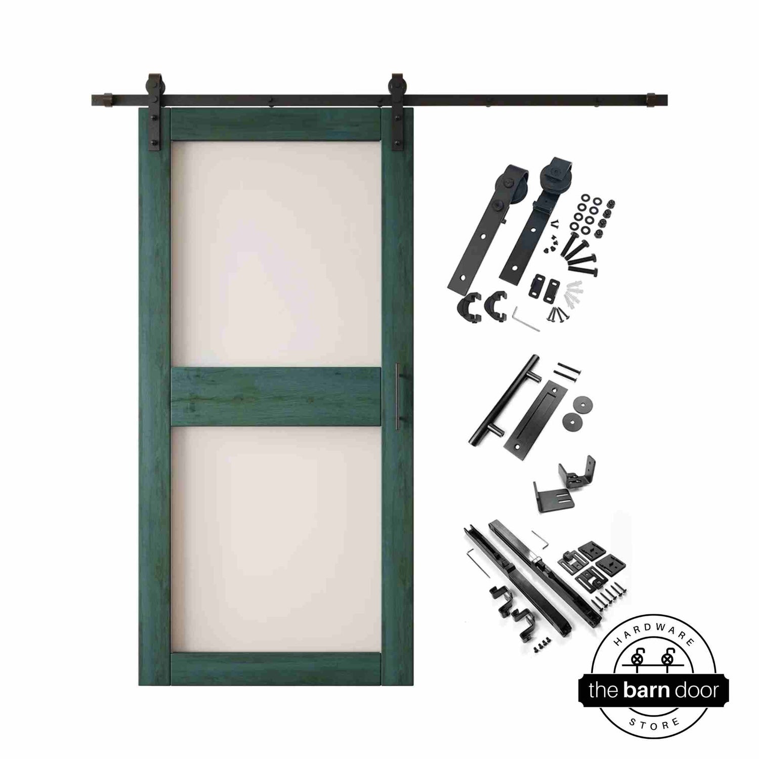 Royal pine 2-panel barn door kit with wooden door and hardware components on a white background