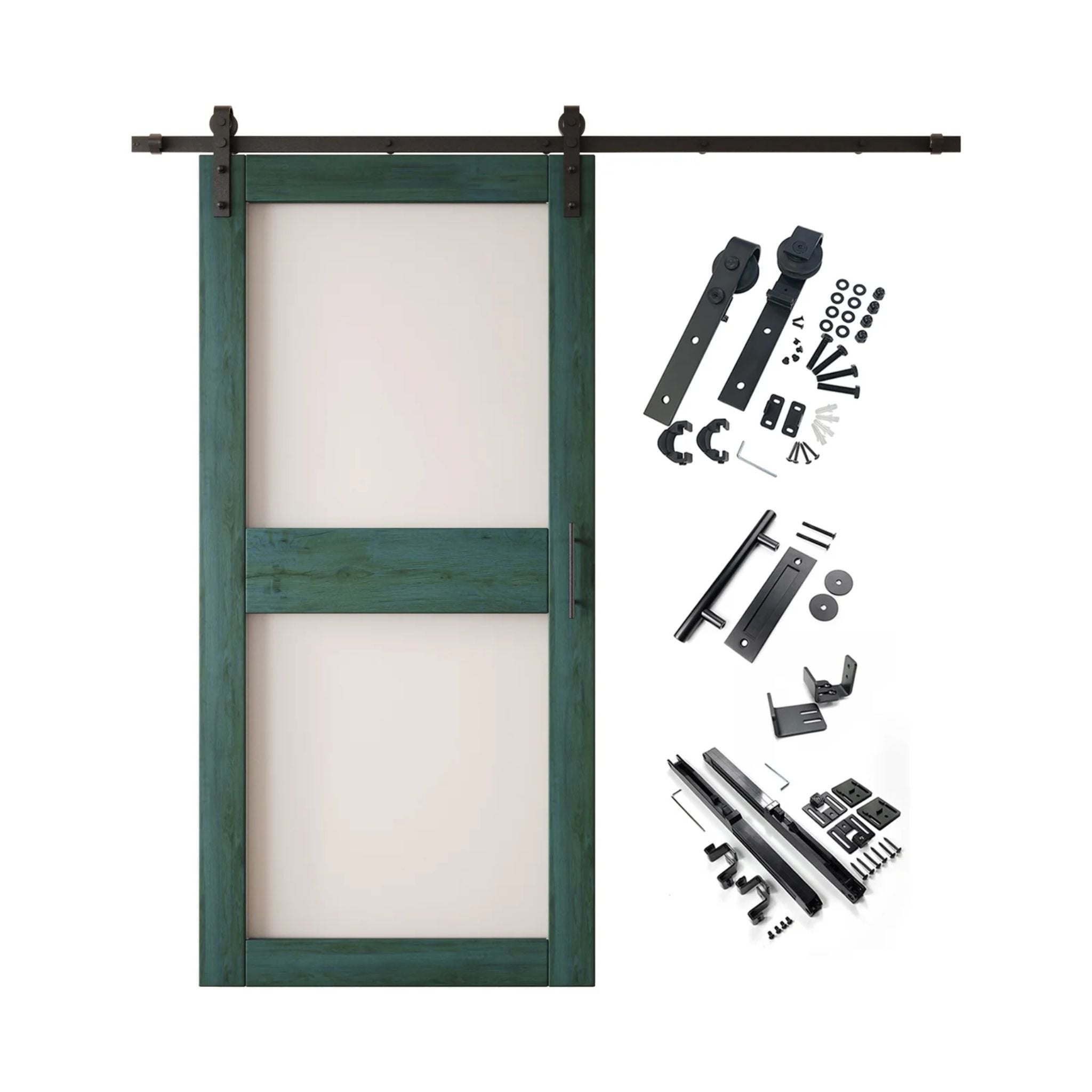 Royal pine 2-panel barn door kit with wooden door and hardware components on a white background