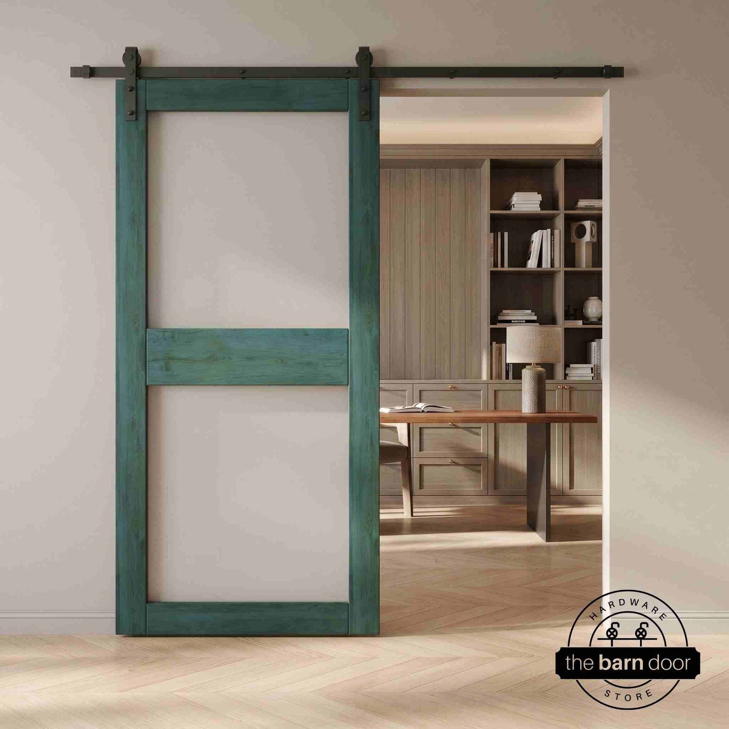 Green sliding barn door with glass in a modern interior setting