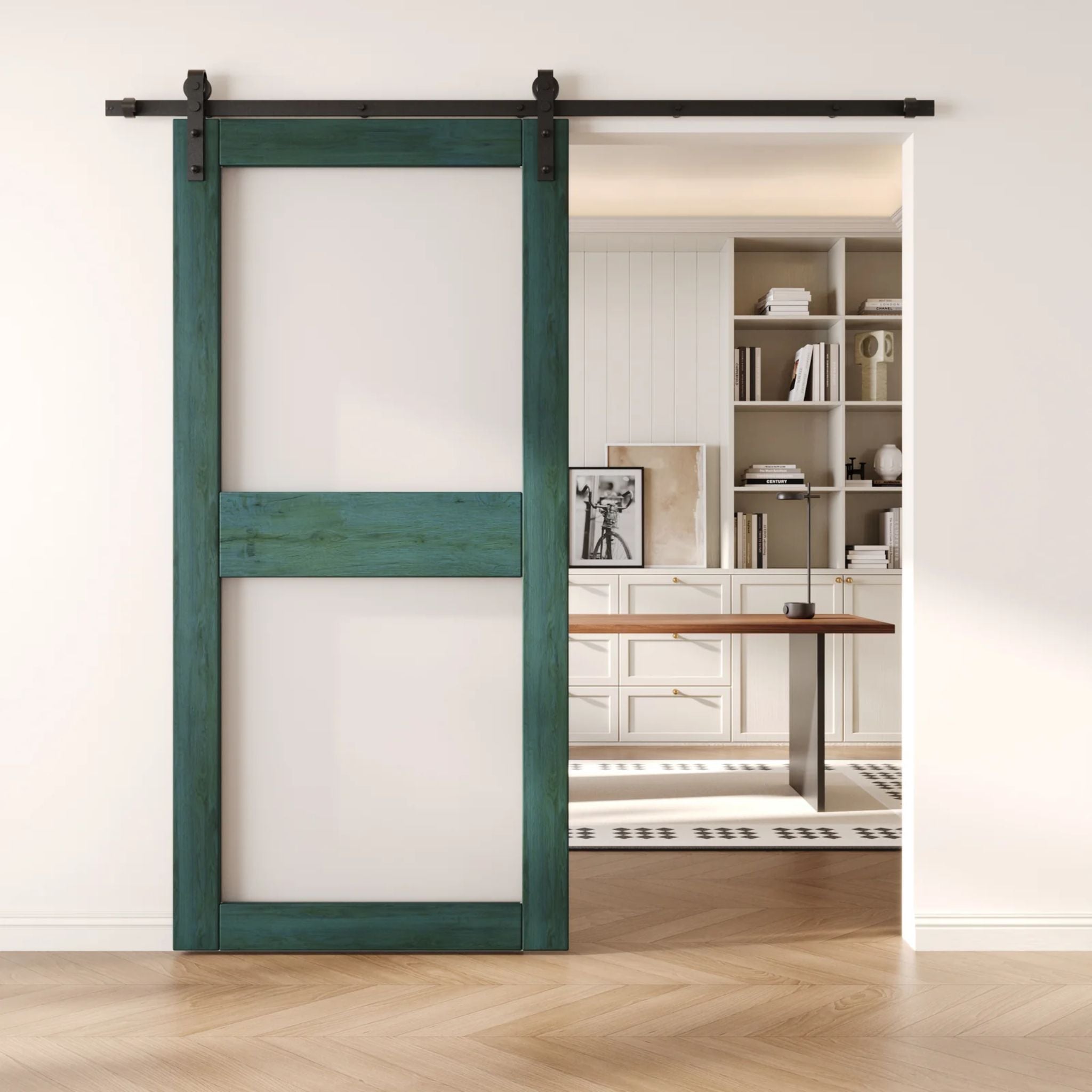 Green sliding barn door with glass in a modern interior setting