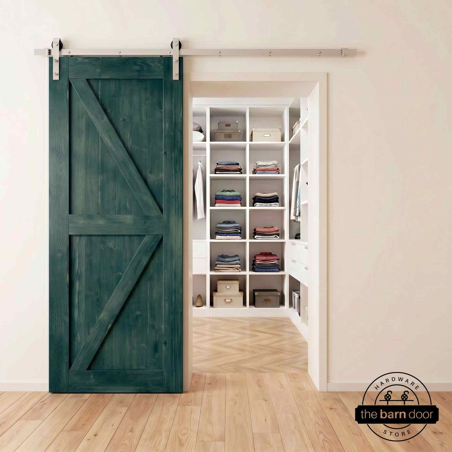 Brushed nickel barn door hardware kit on a royal pine K-brace barn door, modern farmhouse style.