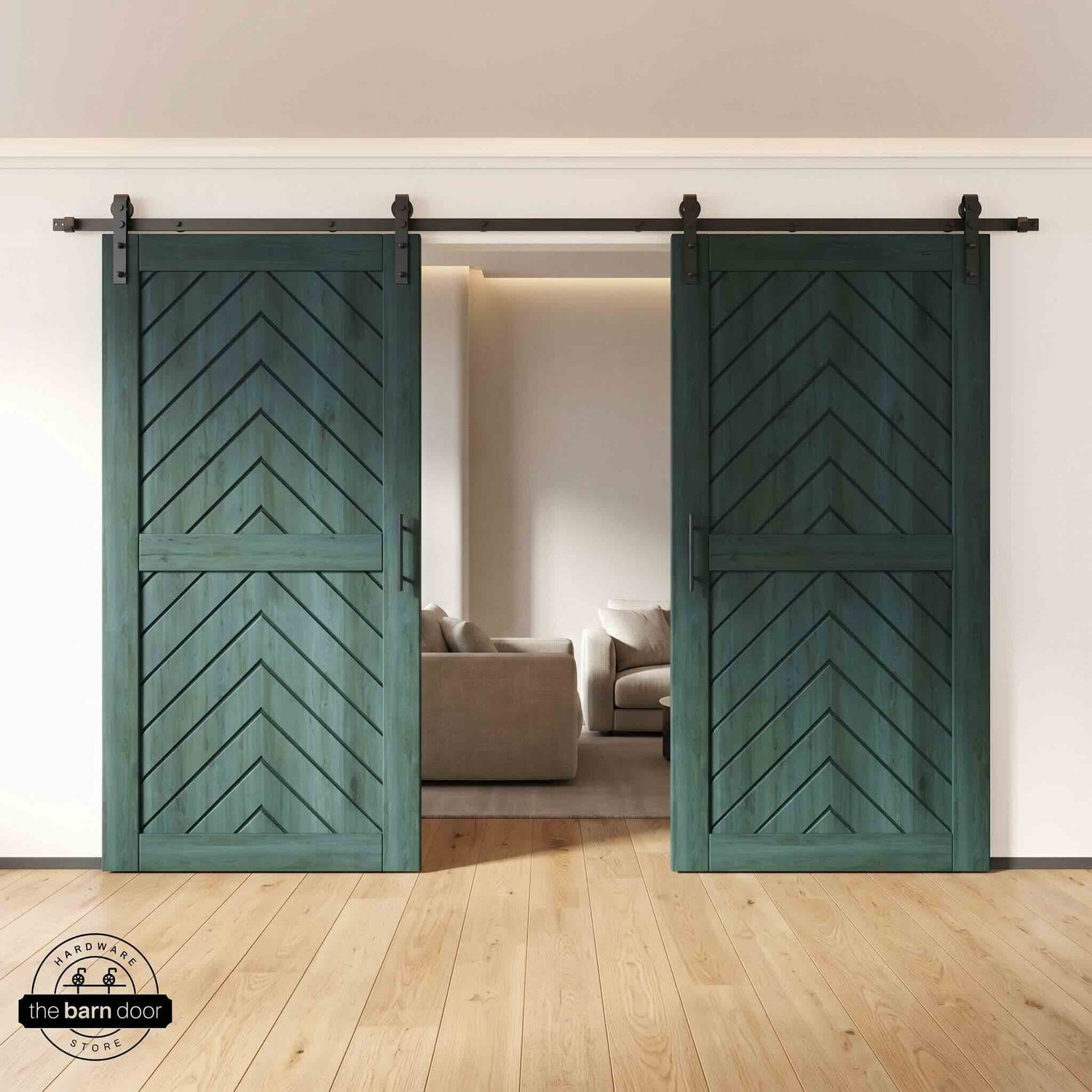 Royal Pine wooden barn doors with a chevron pattern on a white wall background