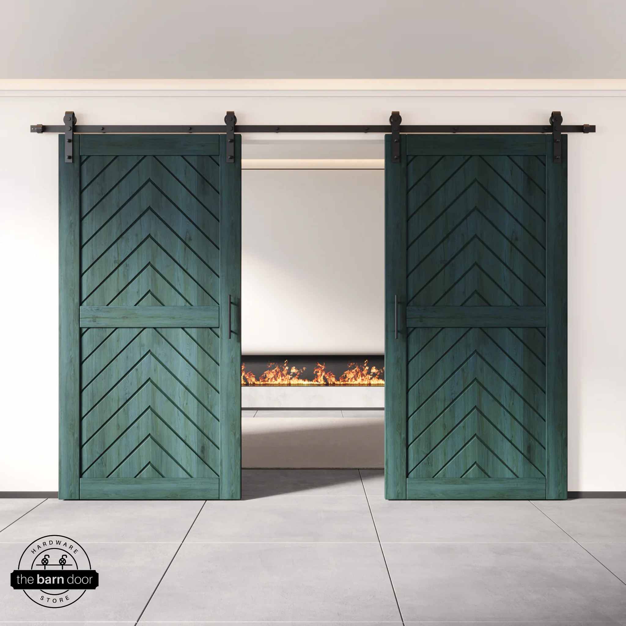 Royal Pine wooden barn doors with a chevron pattern on a white wall background