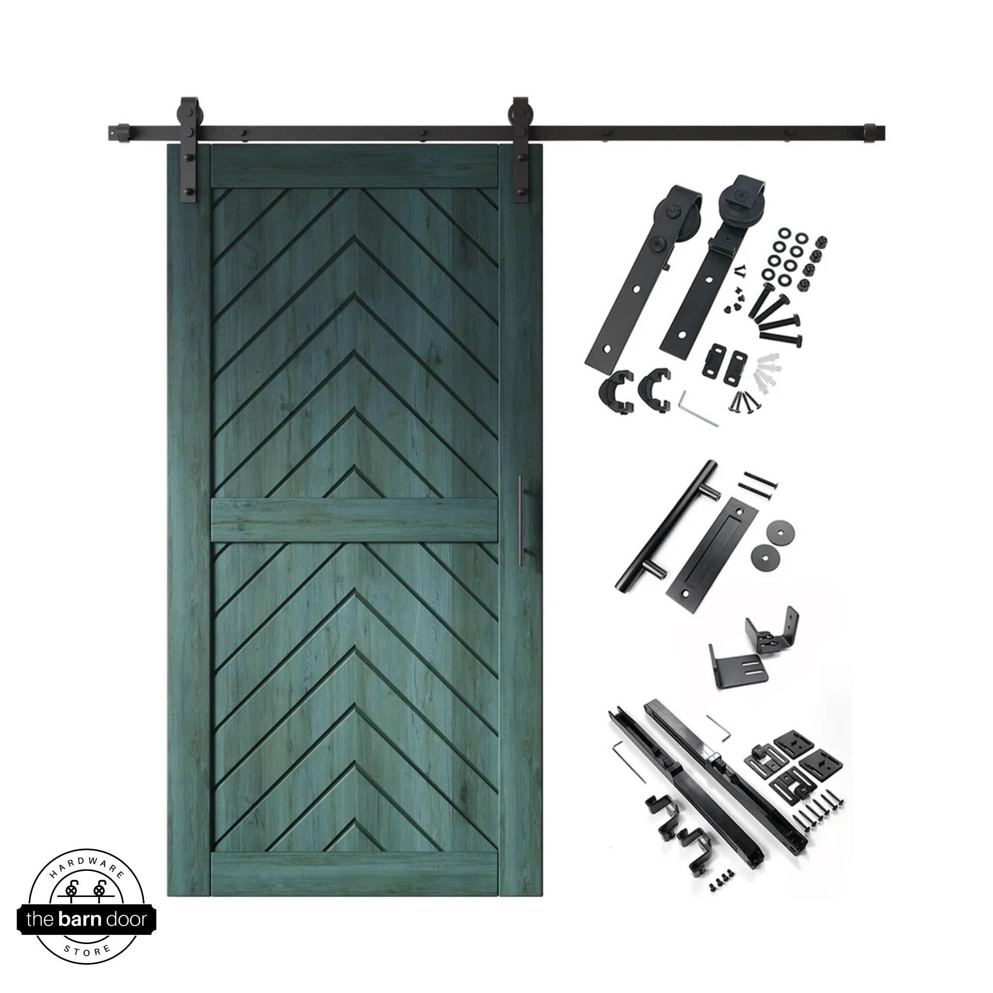 Royal Pine fishbone barn door with hardware kit on a white background