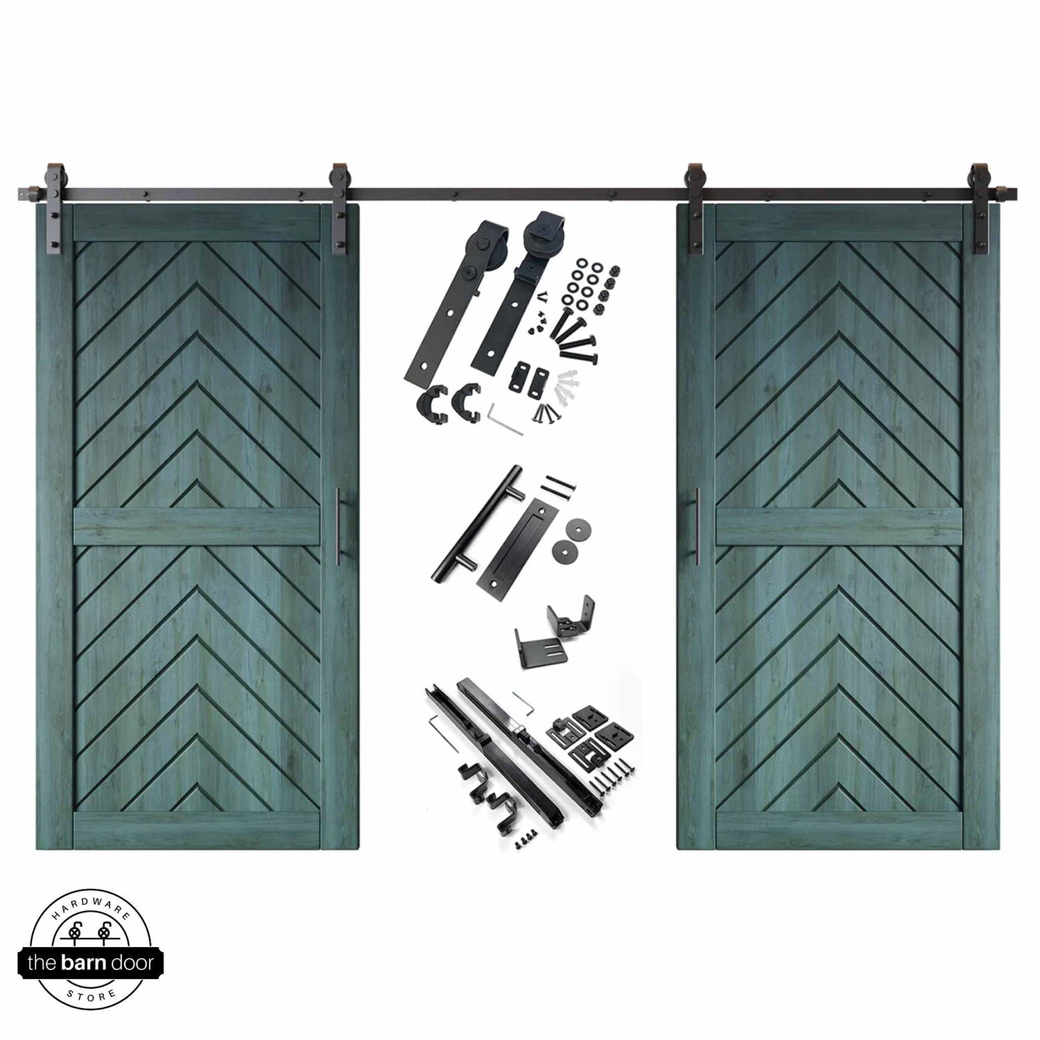 Royal Pine fishbone barn door kit with two wooden doors and hardware on a white background