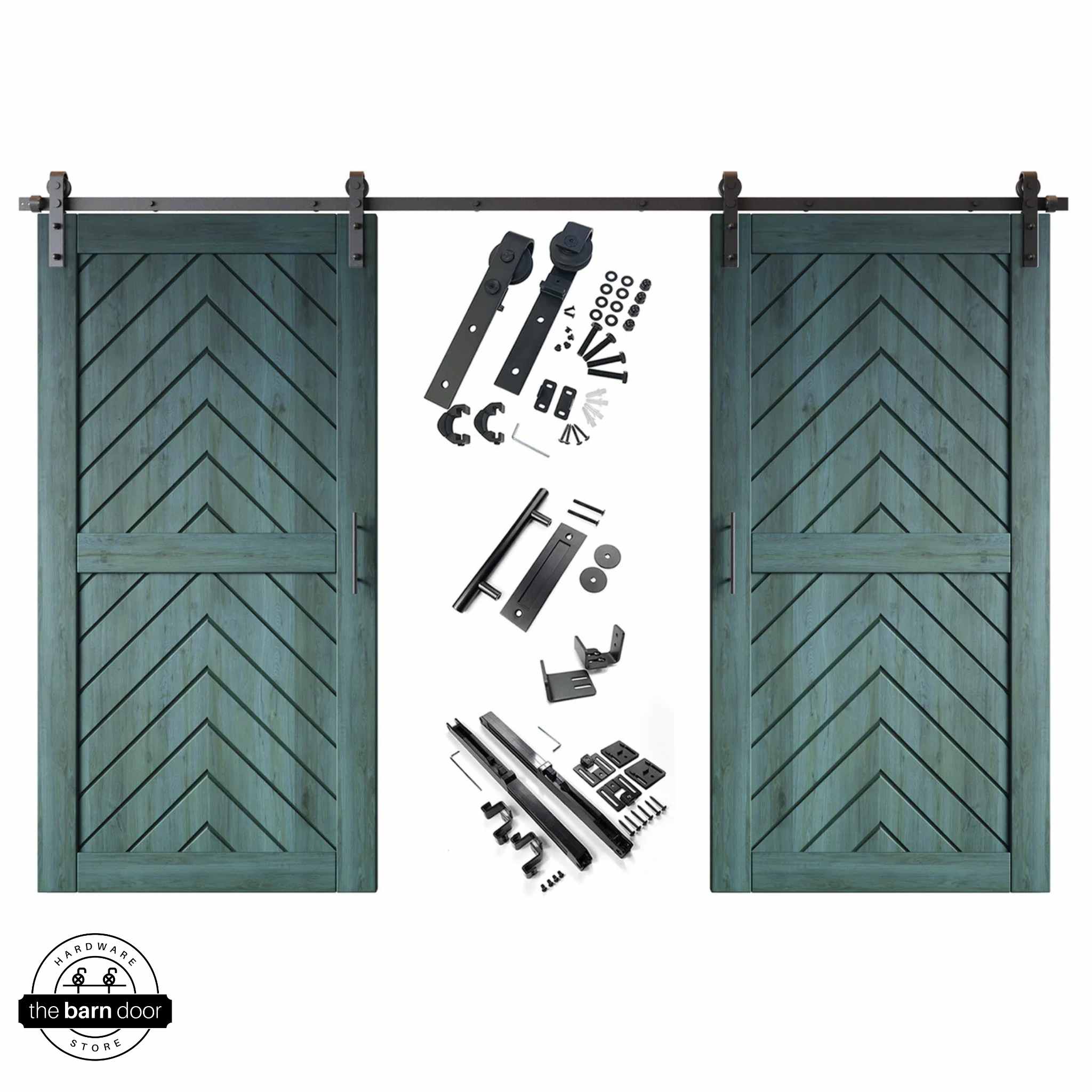 Royal Pine fishbone barn door kit with two wooden doors and hardware on a white background