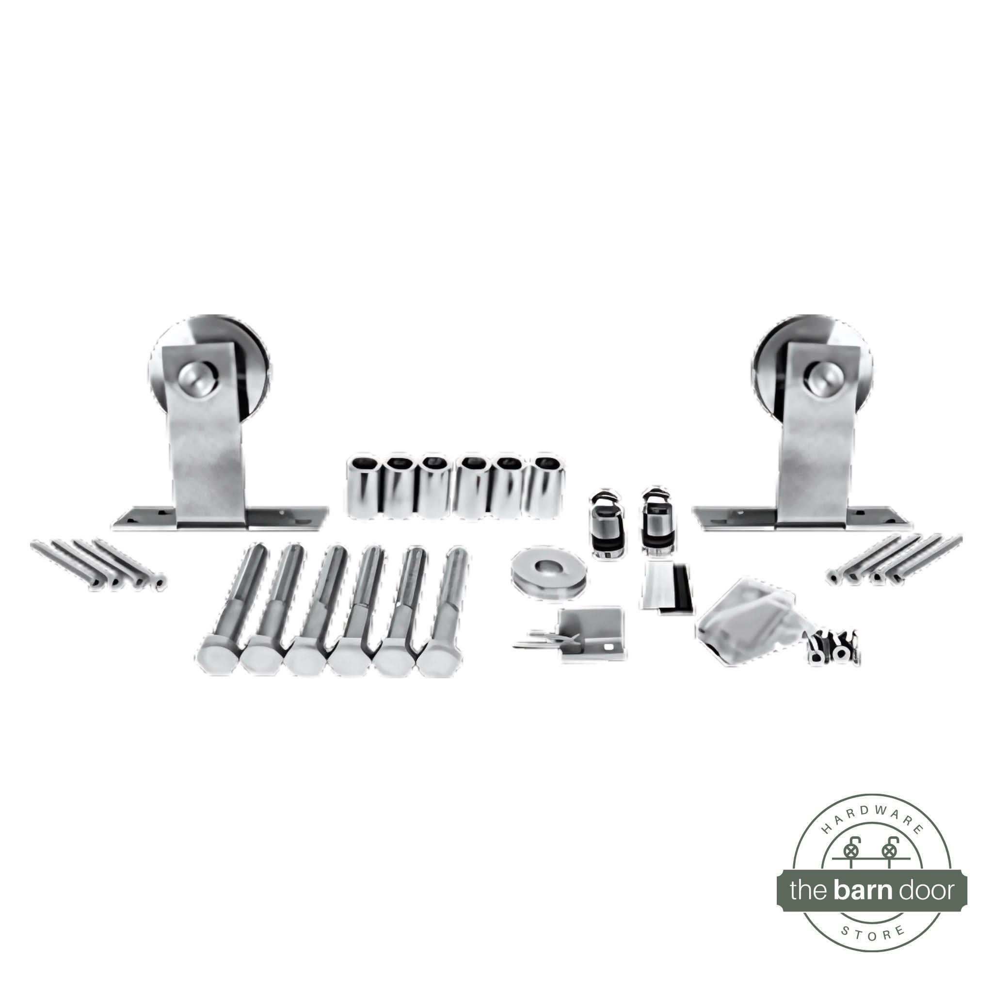 Soft Corner Top Mount stainless steel barn door hardware kit with soft corners.