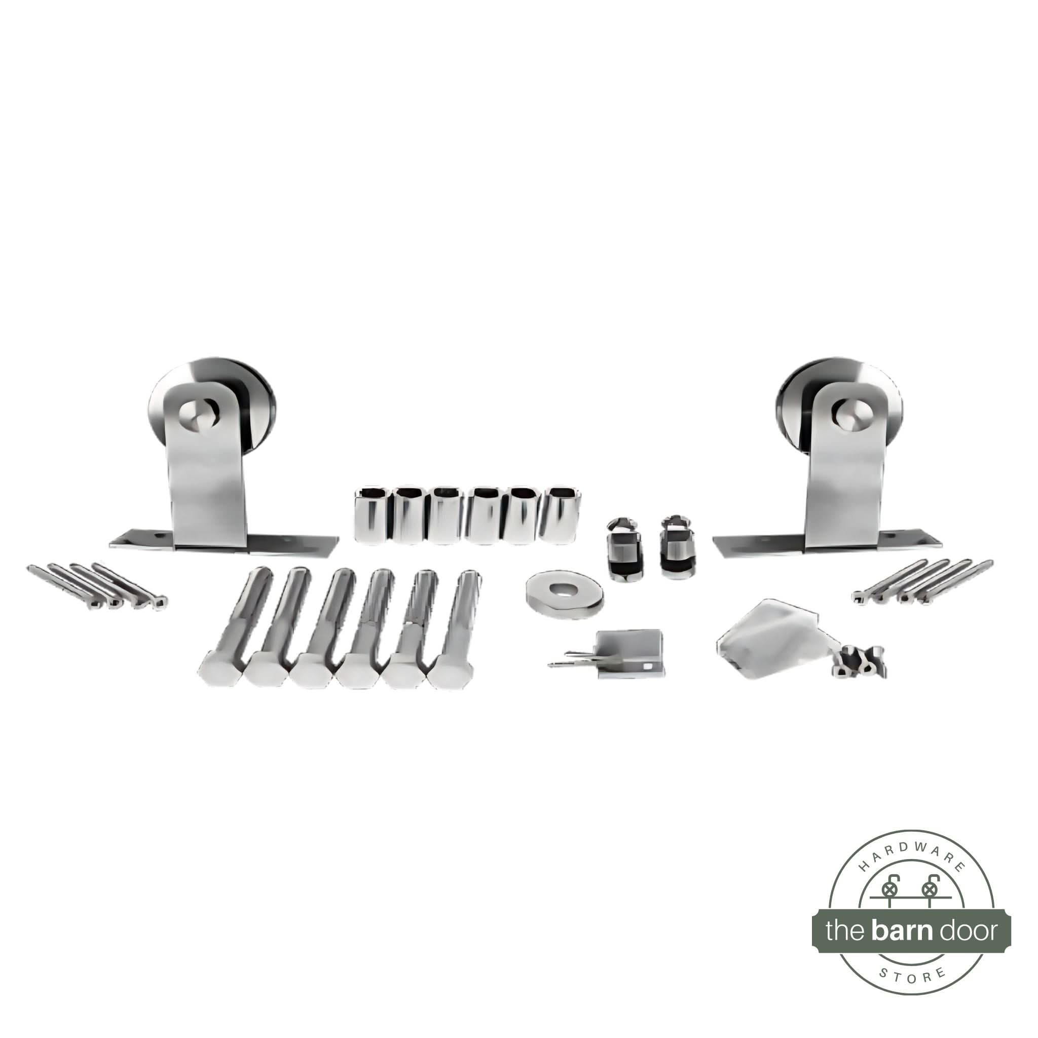 Straight Top Mount stainless steel barn door hardware kit with a concealed roller design.