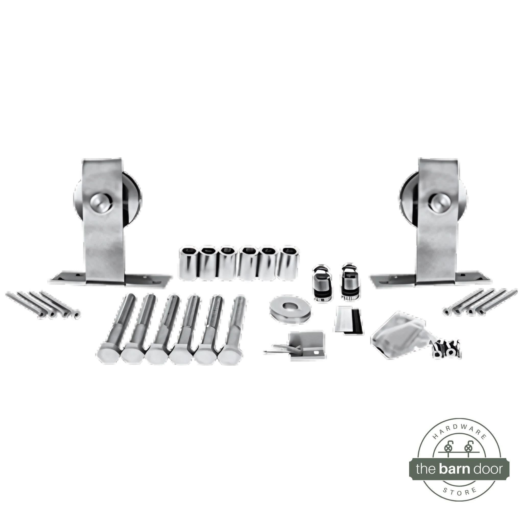 J Top Mount stainless steel barn door hardware kit with the traditional J-Strap roller and a clean, modern profile.