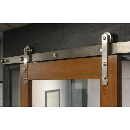 Stainless Steel Barn Door Hardware on Chestnut Stained Barn Door