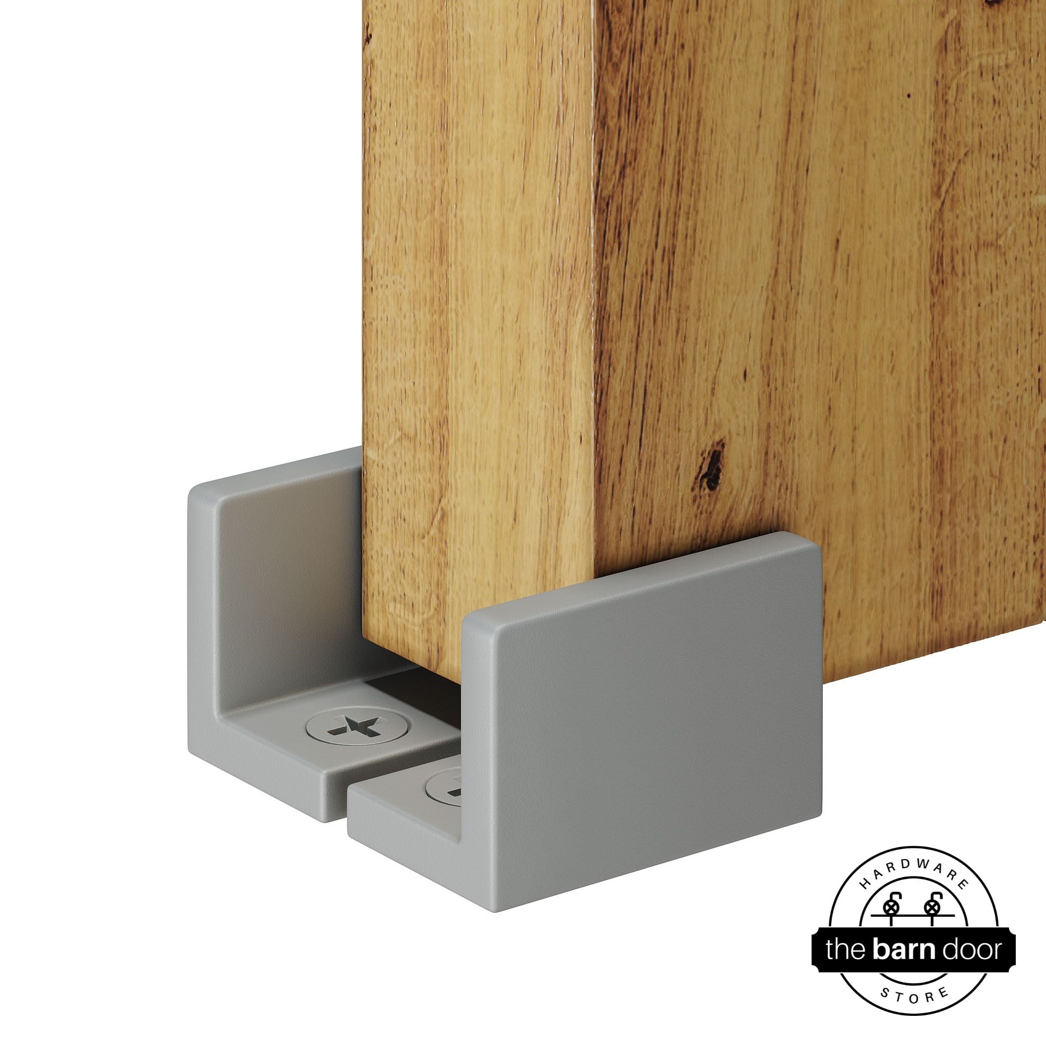 Silver metallic barn door hardware adjustable u floor guide on a wooden door
