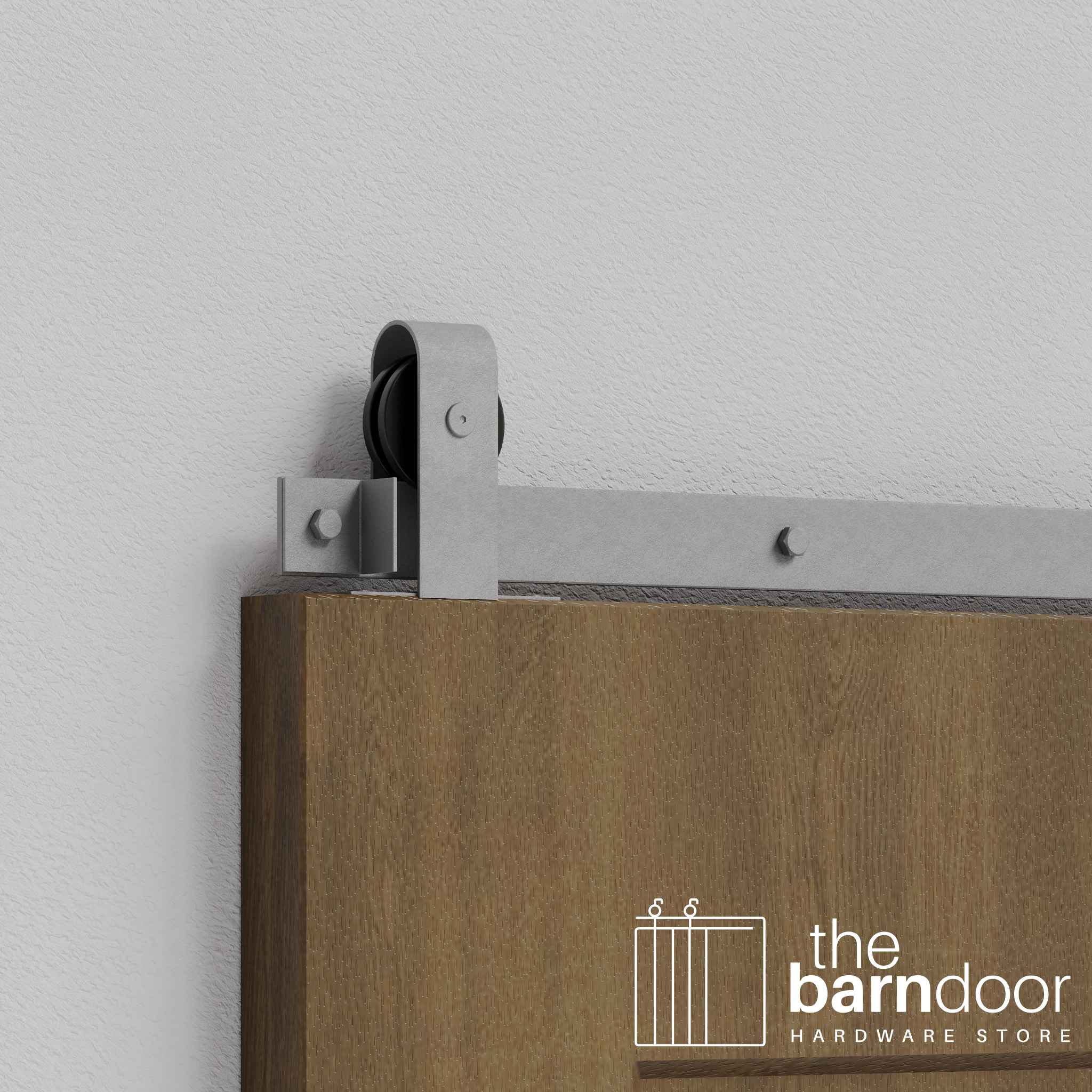 Close-up of Silver Metallic J Top Mount Single Track barn door hardware installed on a wooden door panel.