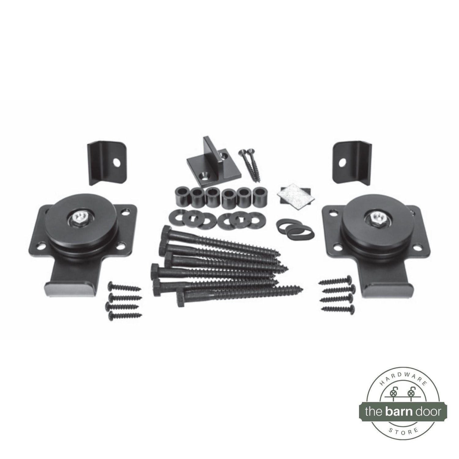 The complete Goldberg Brothers hardware kit, laying out all the US-made barn door hardware components needed for the invisible roller system installation.