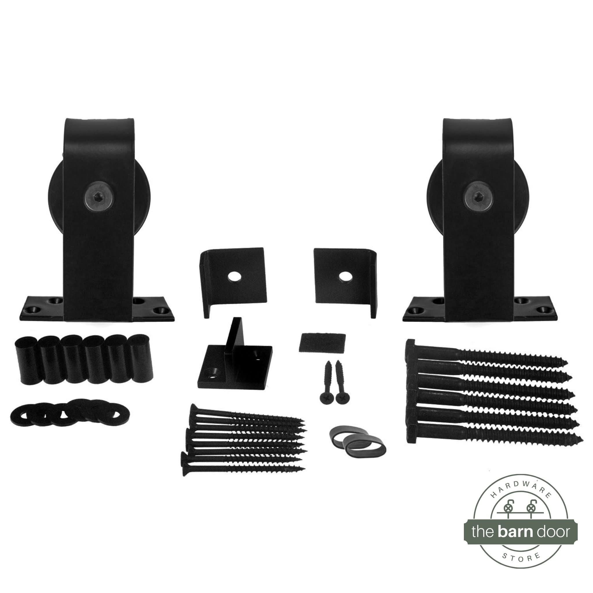 A studio shot of Black J Top Mount Single Track barn door hardware components.