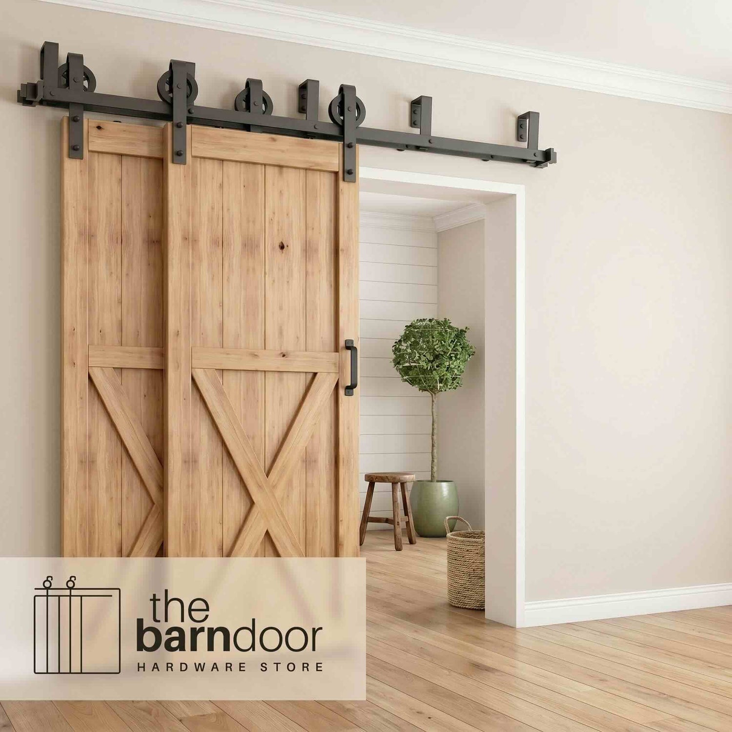 Spoke Wheel Black Double Track Bypass Barn Door Hardware Kit